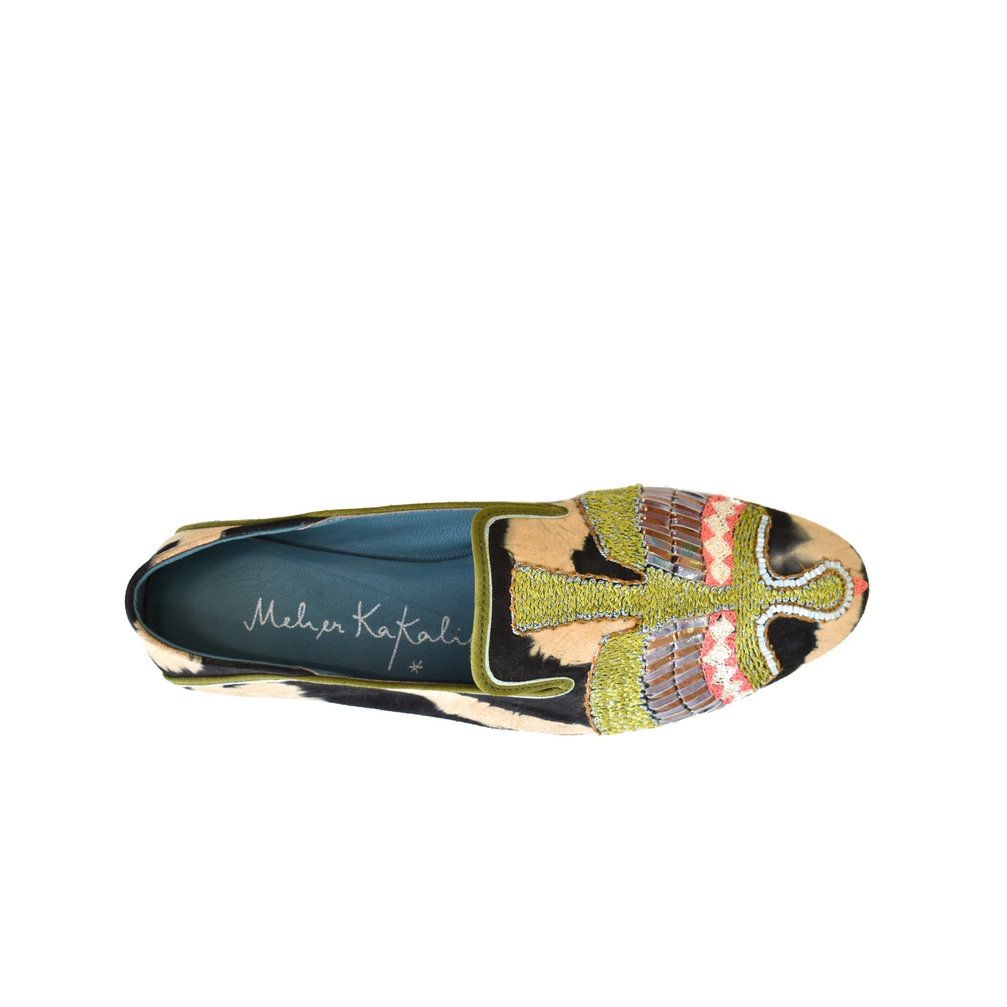 Top view of Meher Kakalia ANZU Moccasin in black and beige tie-dye suede with olive hand embroidery and metallic Mukesh detail