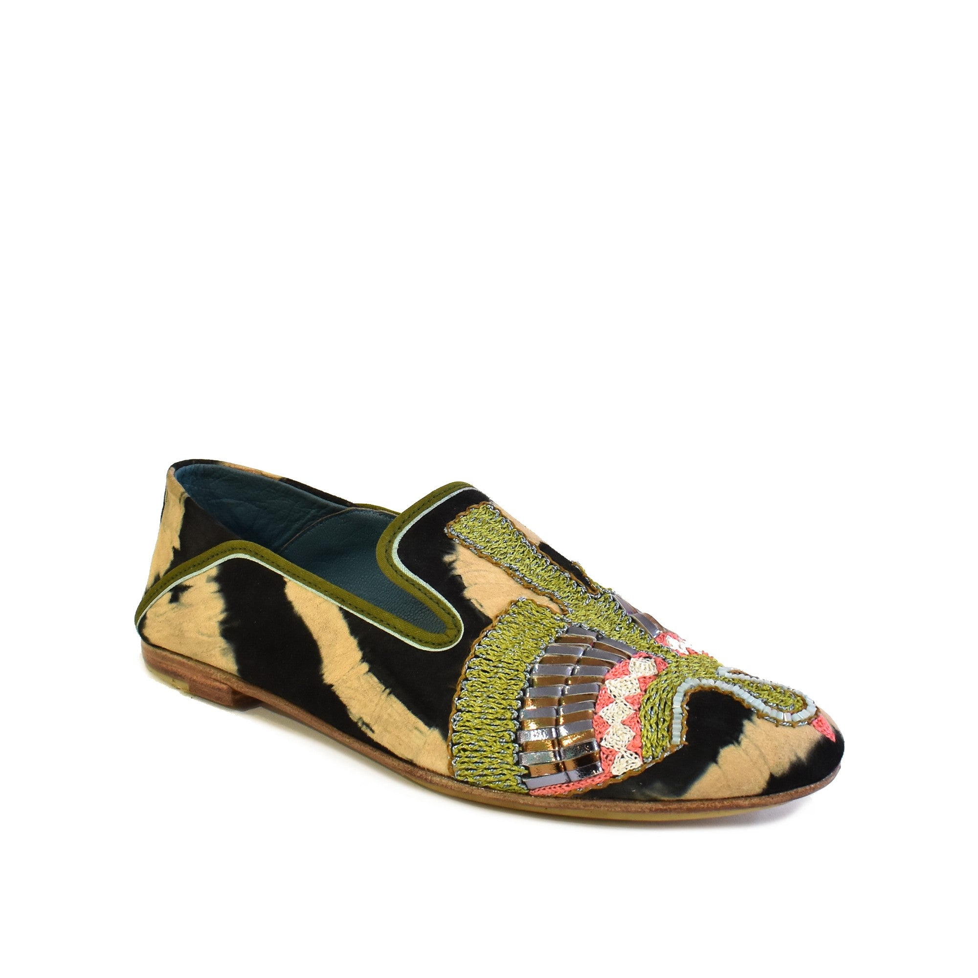 Embroidered women’s moccasin flat in tie-dye suede, olive and metallic threadwork across the vamp