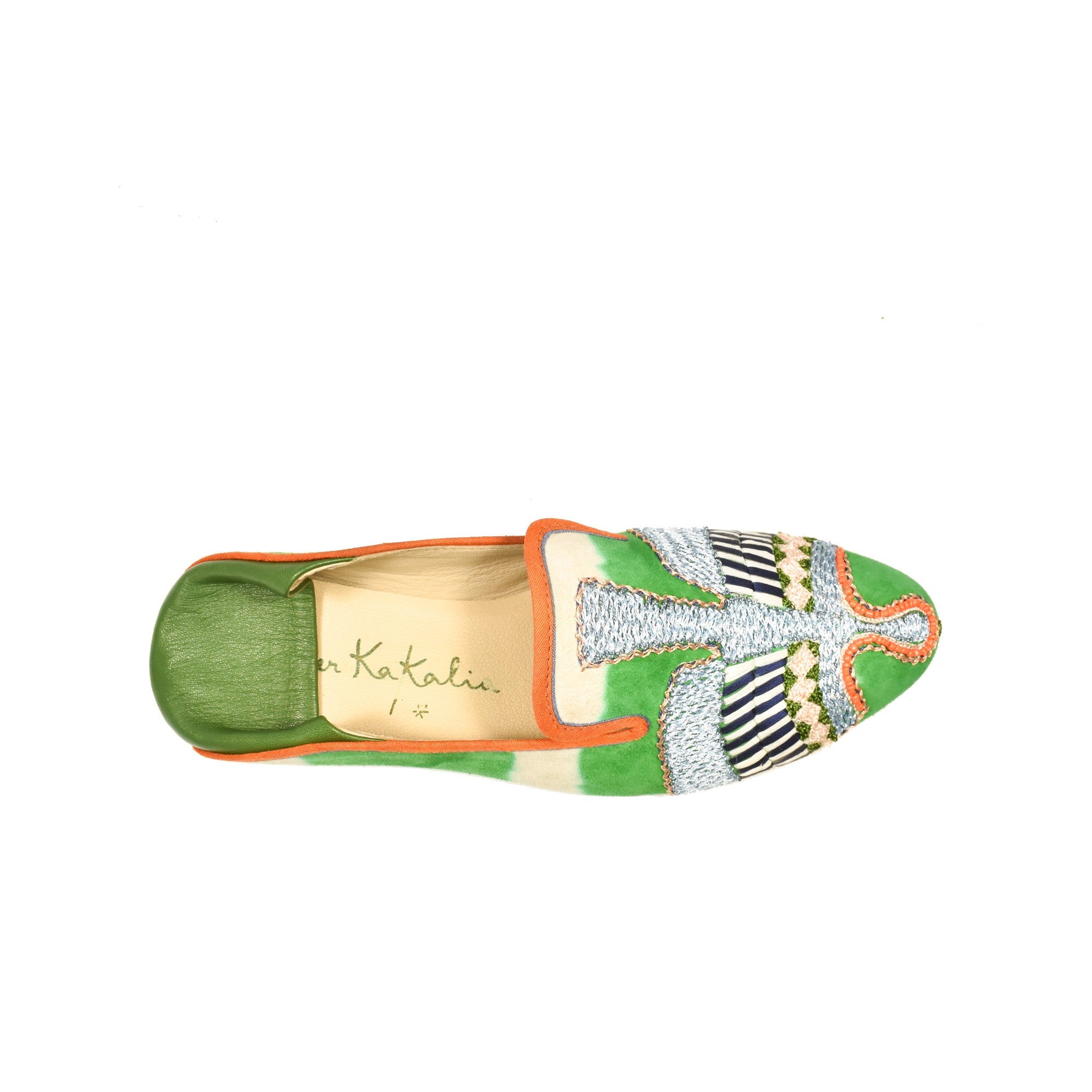 Handmade green moccasins with embroidery, eco-friendly, luxurious and perfect for home or evening wear.