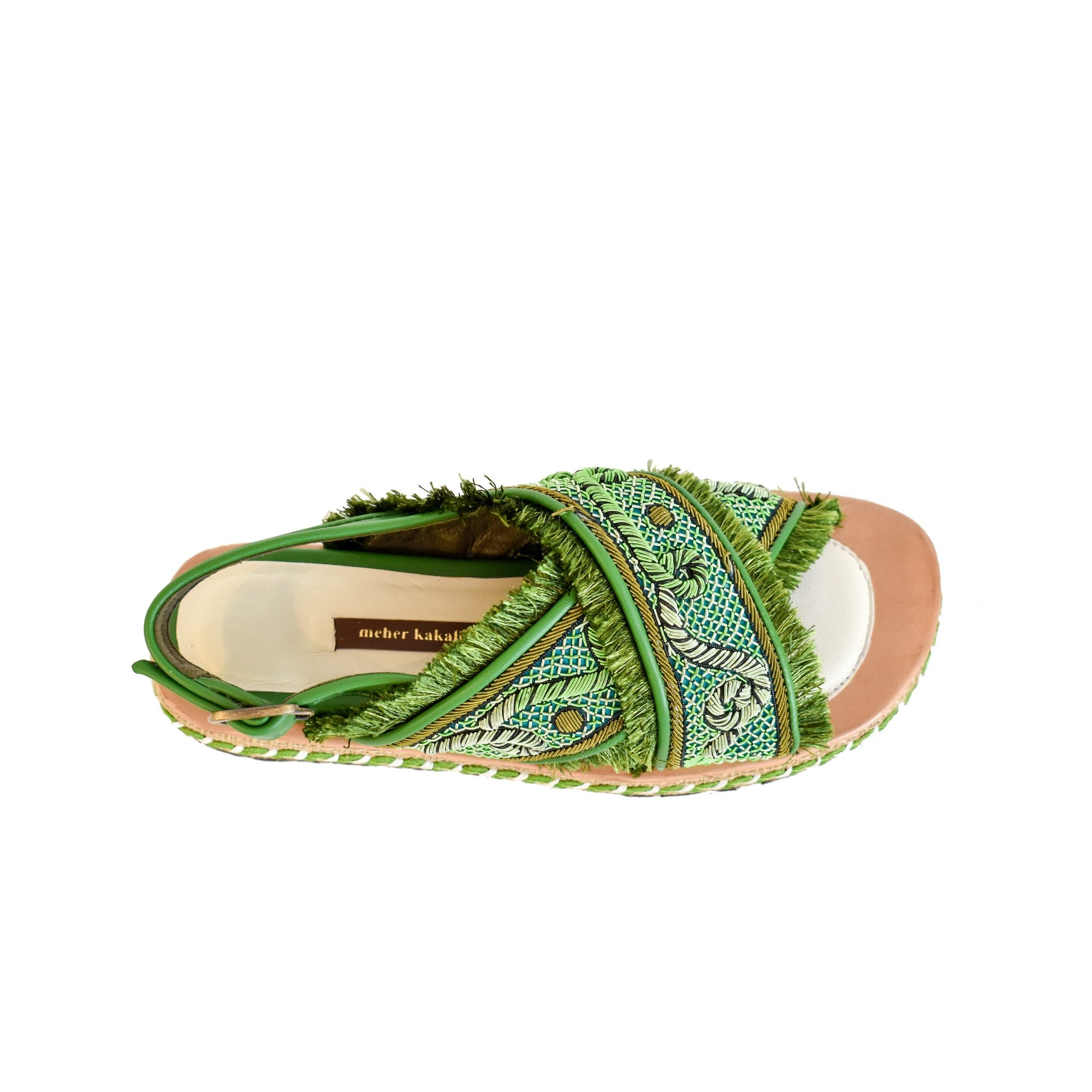 Meher Kakalia Green DA GAMA BLOC Sandals, Luxury Embroidered Resort Footwear for Warm Sunny Days