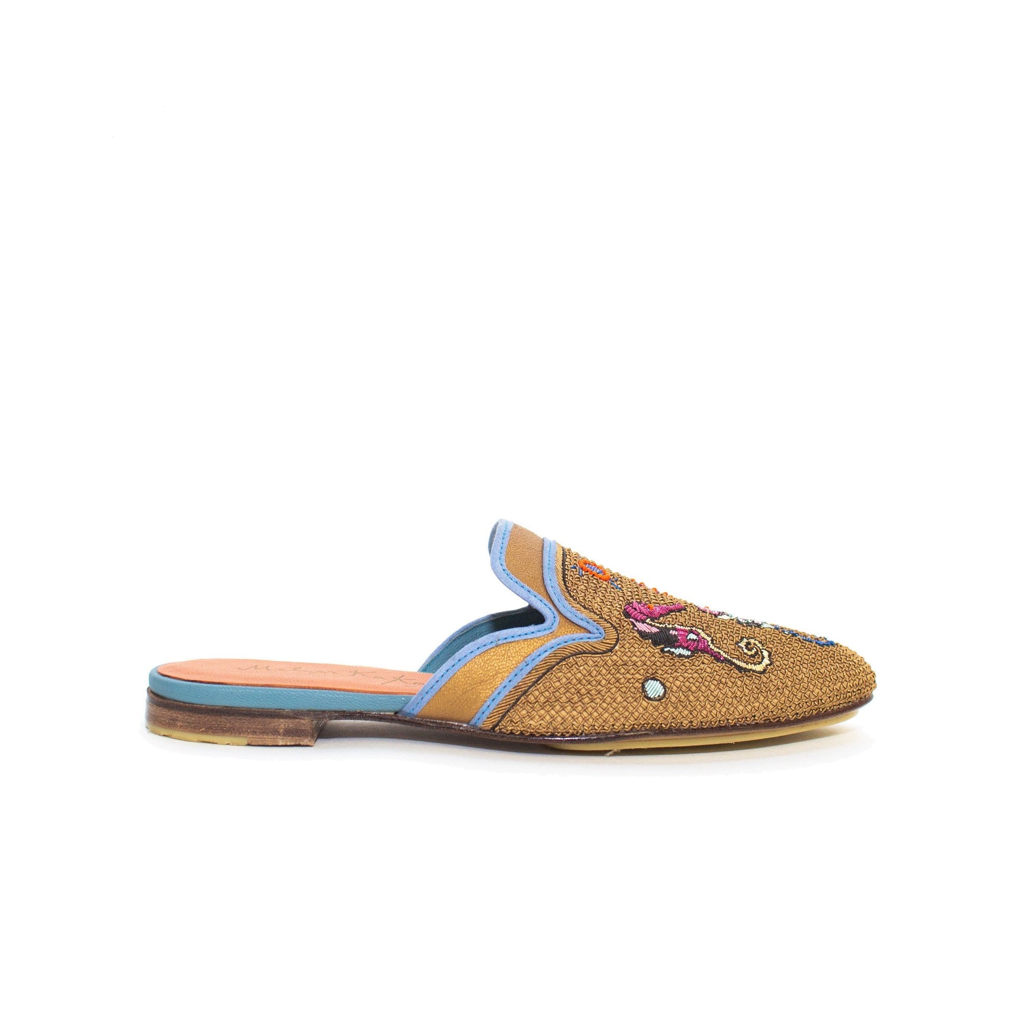 Lovato Gold slippers with seahorse and seashell embroidery, perfect for a beach wedding.