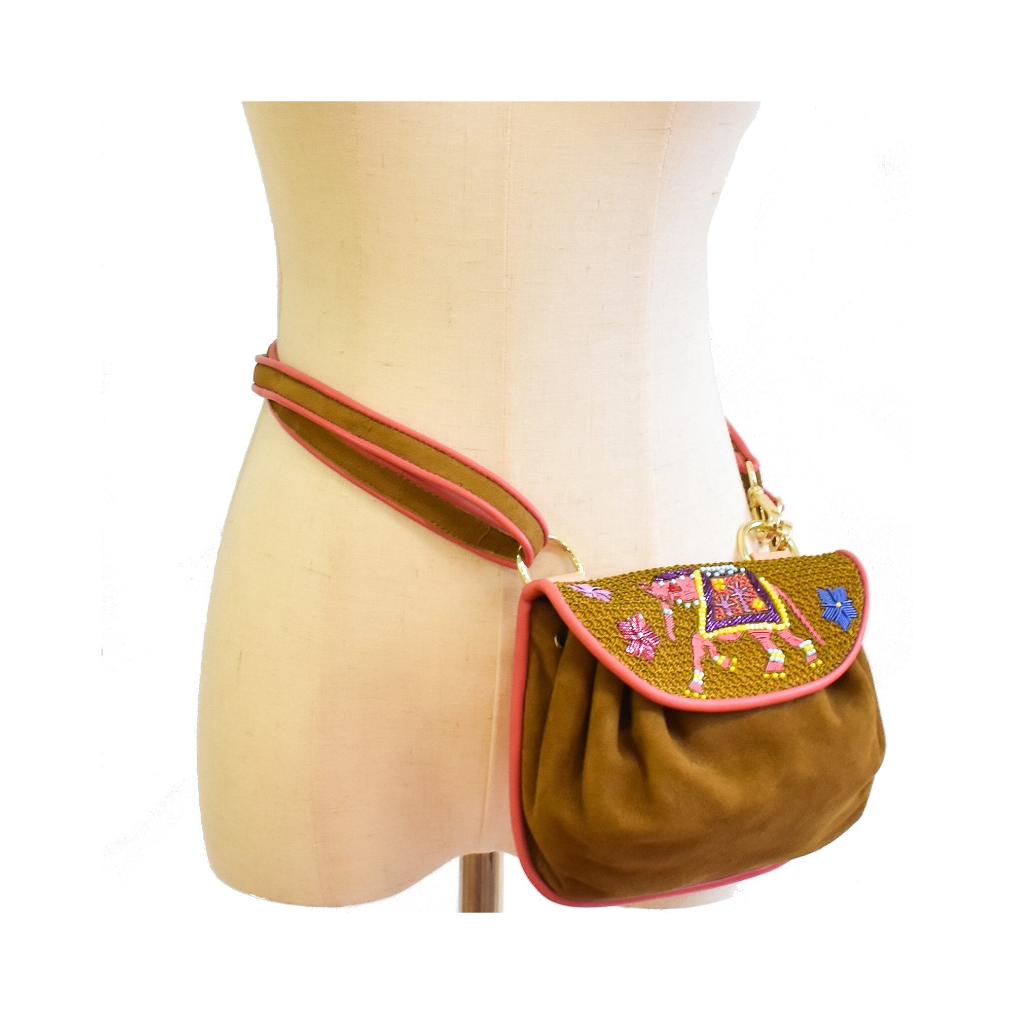 KIPLING ACCORDION BAG suede spice-ochre suede belt bag with embroidered elephant flap.