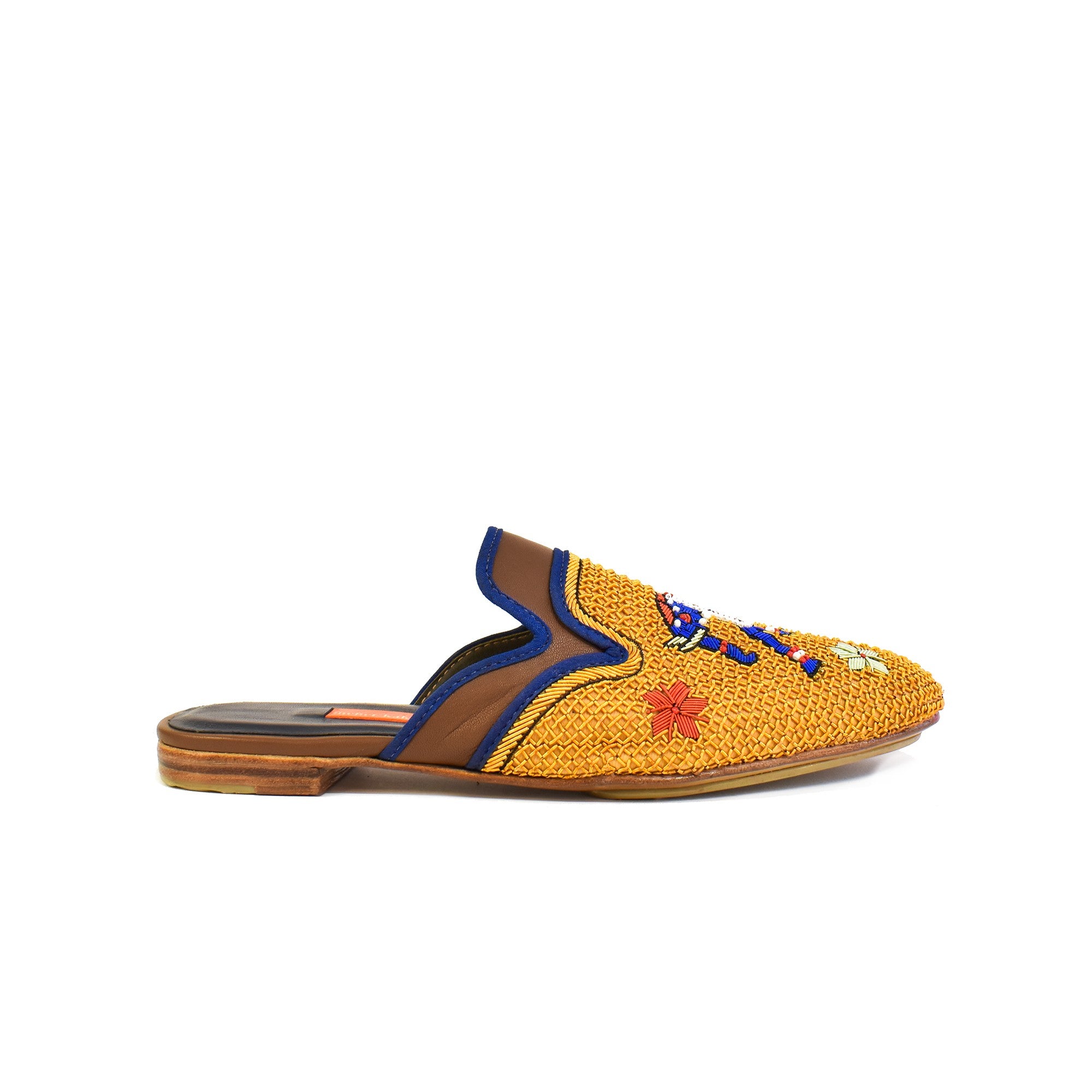 Women’s luxury leather slipper with coil embroidery and blue piping