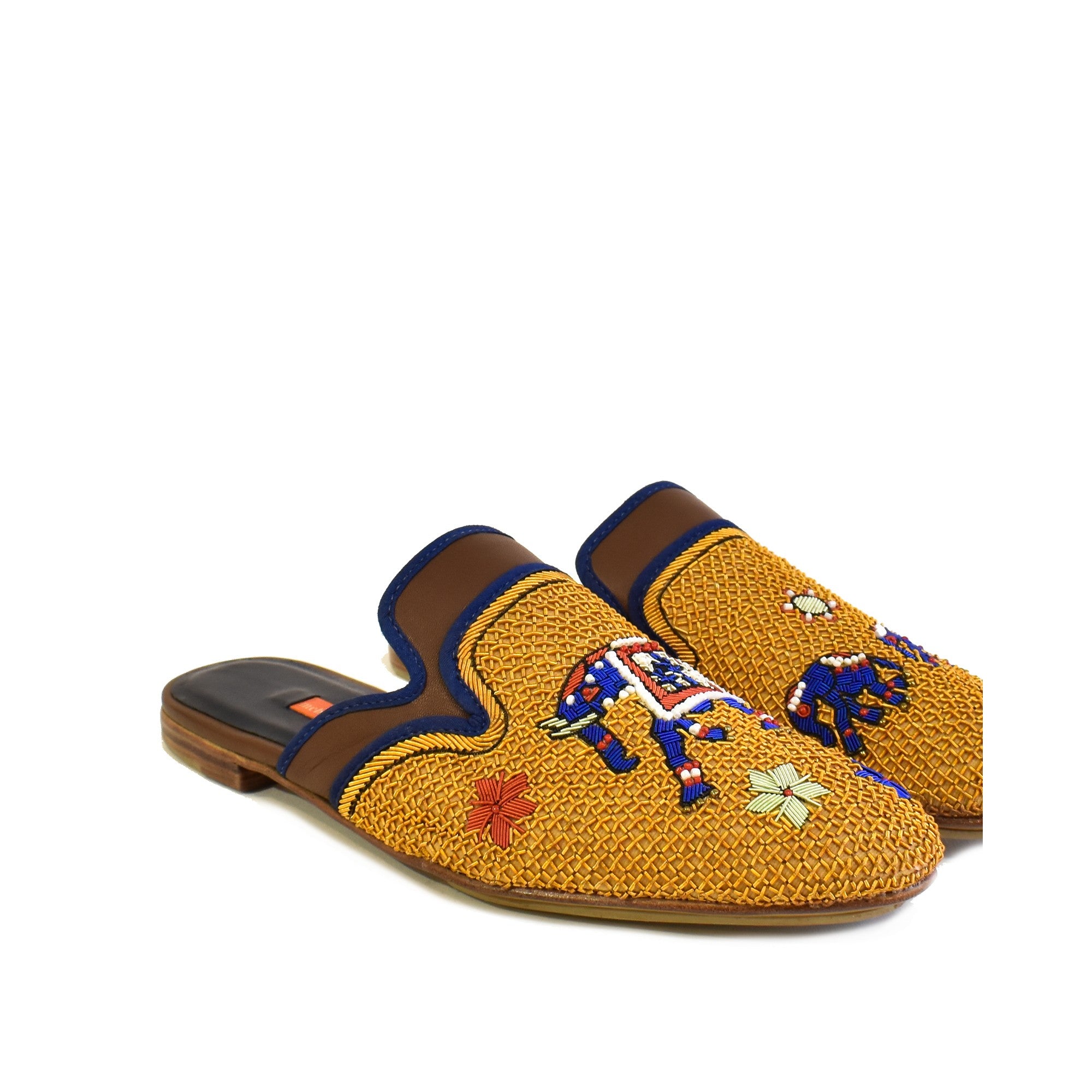 Orange embroidered slide slipper with elephant motif
