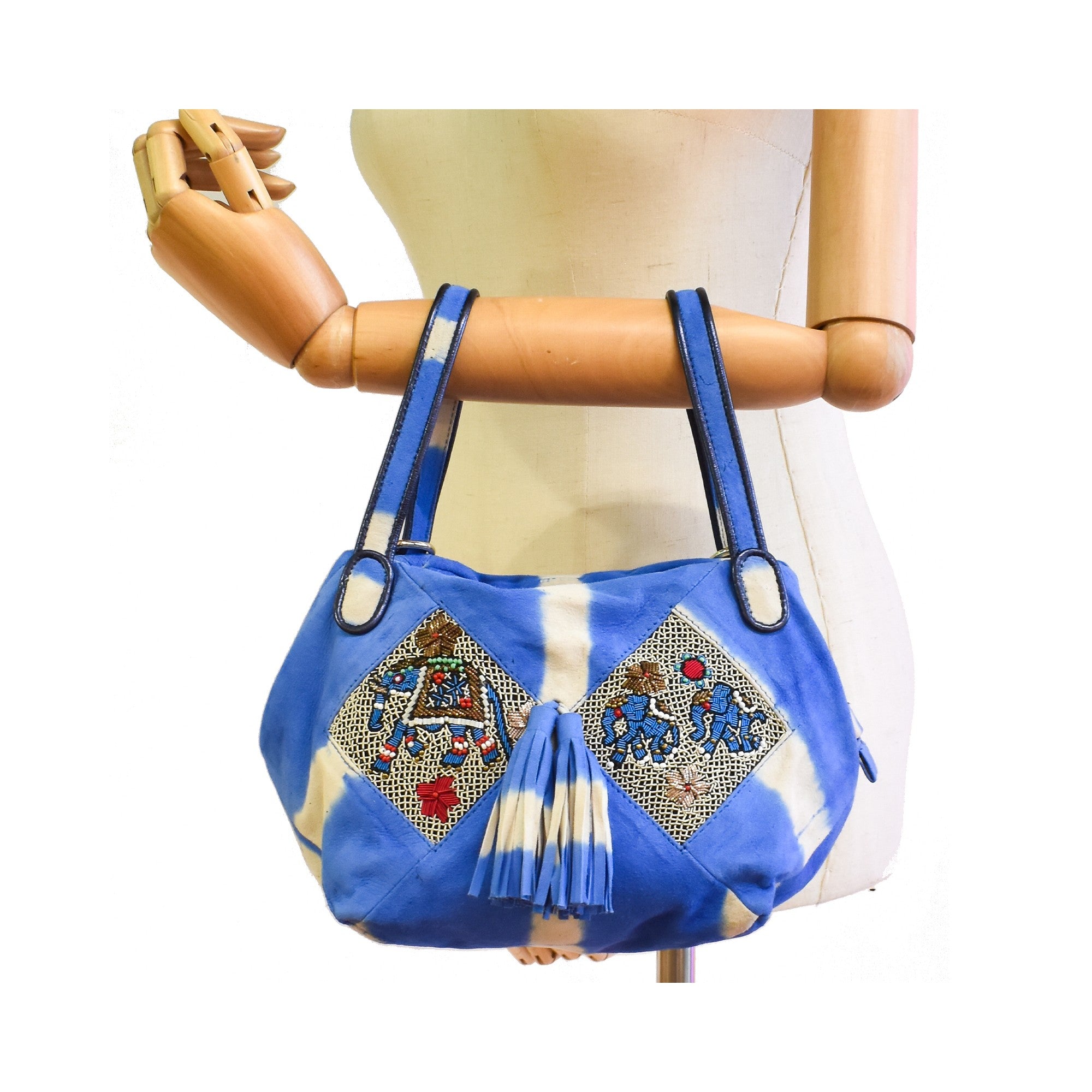Blue and ivory tie-dye leather handbag with embroidered elephant motif