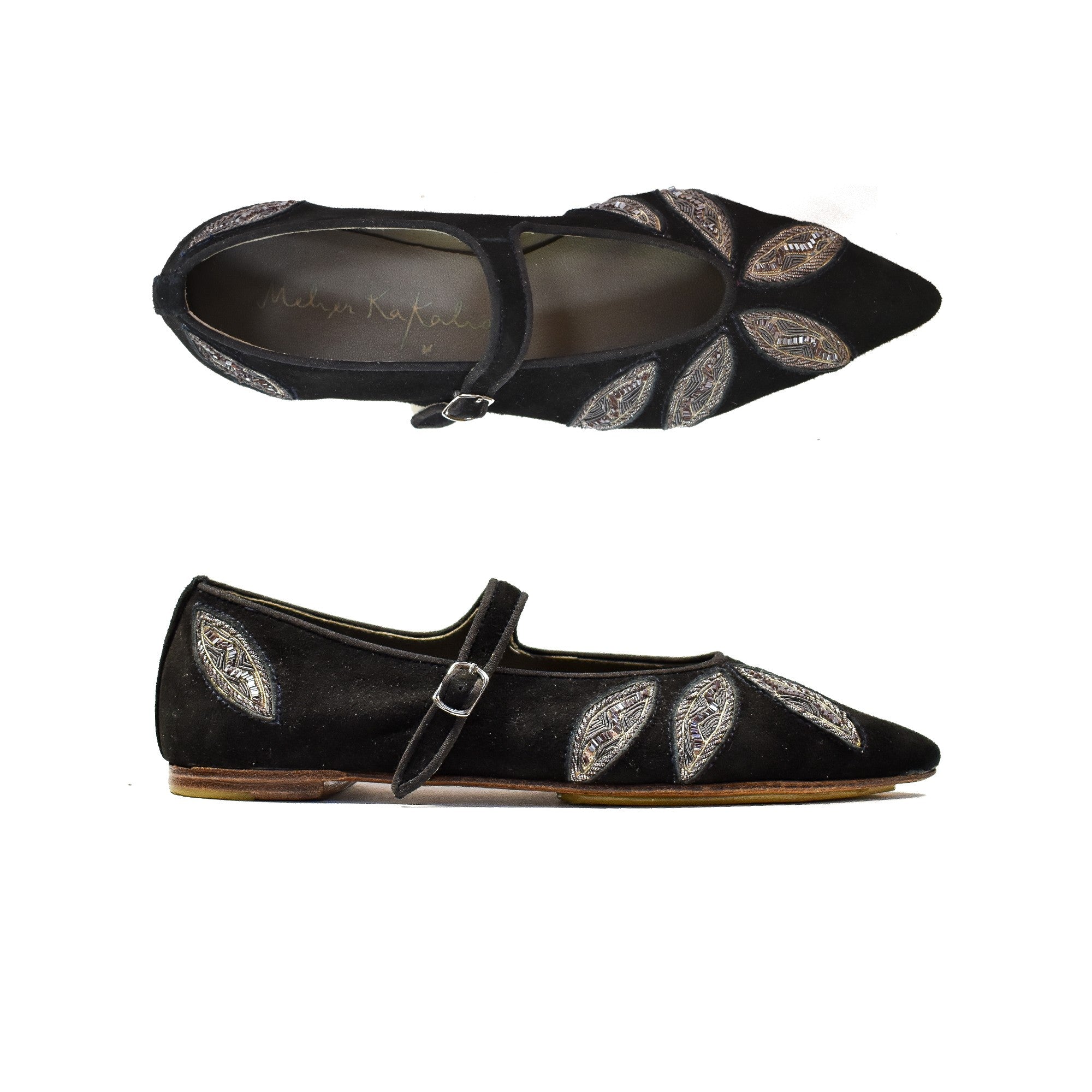 Ballerines LULU POINT en daim noir brodées à la main – élégance artisanale signée Meher Kakalia