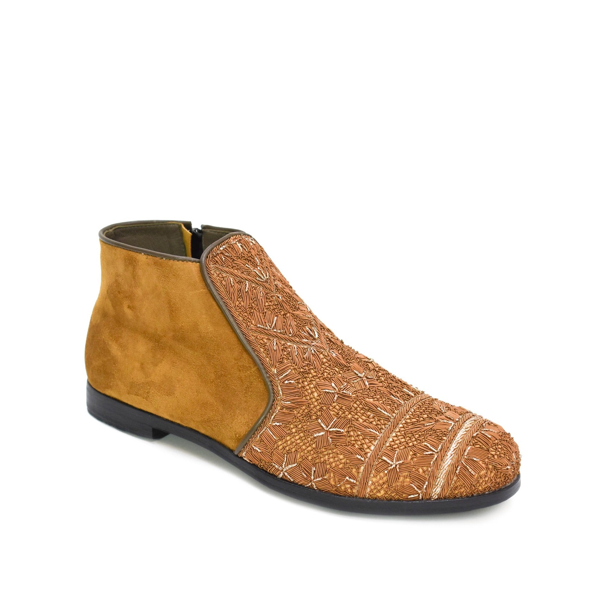 Designer men’s embroidered ankle boot in spice khaki