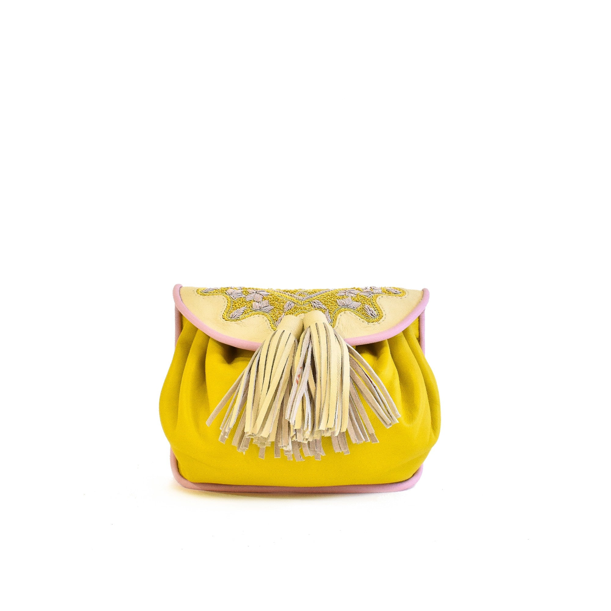 Small embroidered leather shoulder bag in yellow with gold detailing.