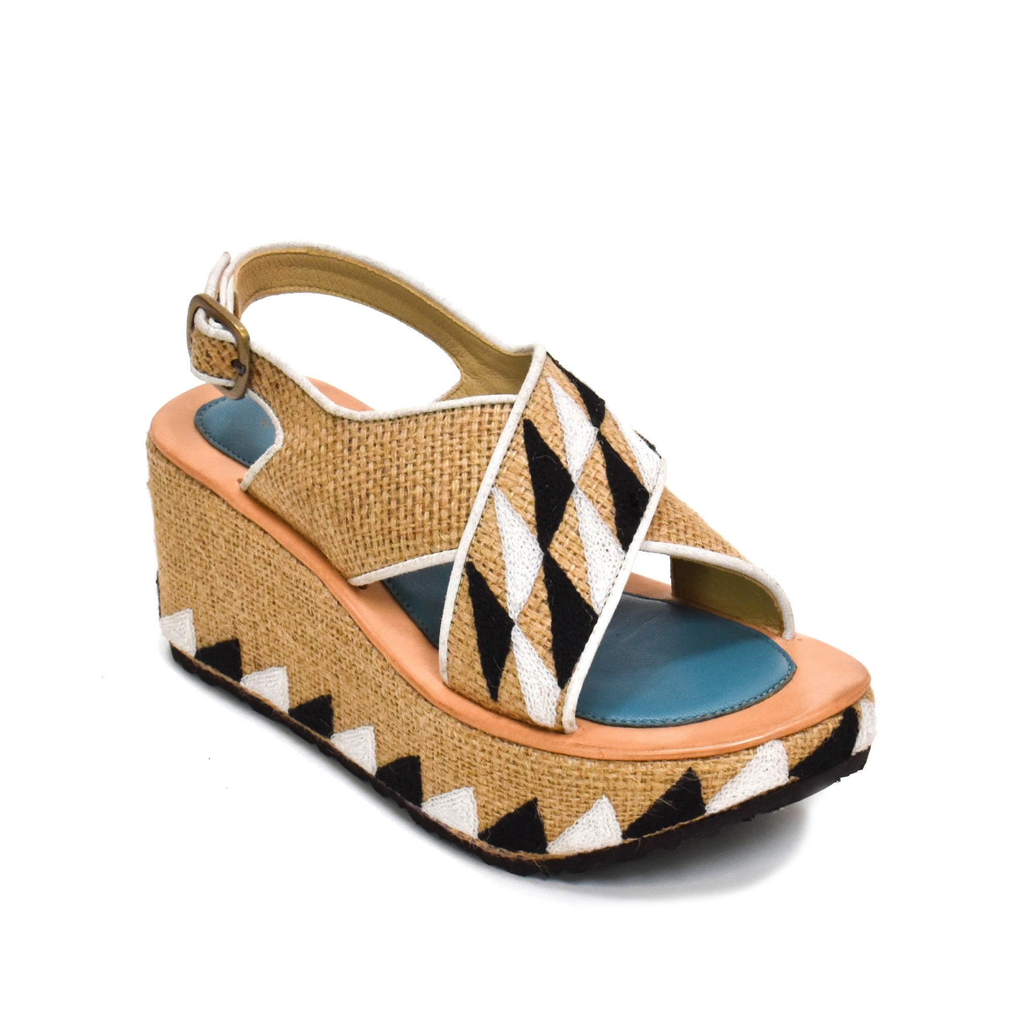 Meher Kakalia Ponza Geo Bloc wedges with recycled jute and a black-and-white geometric pattern for a versatile look.