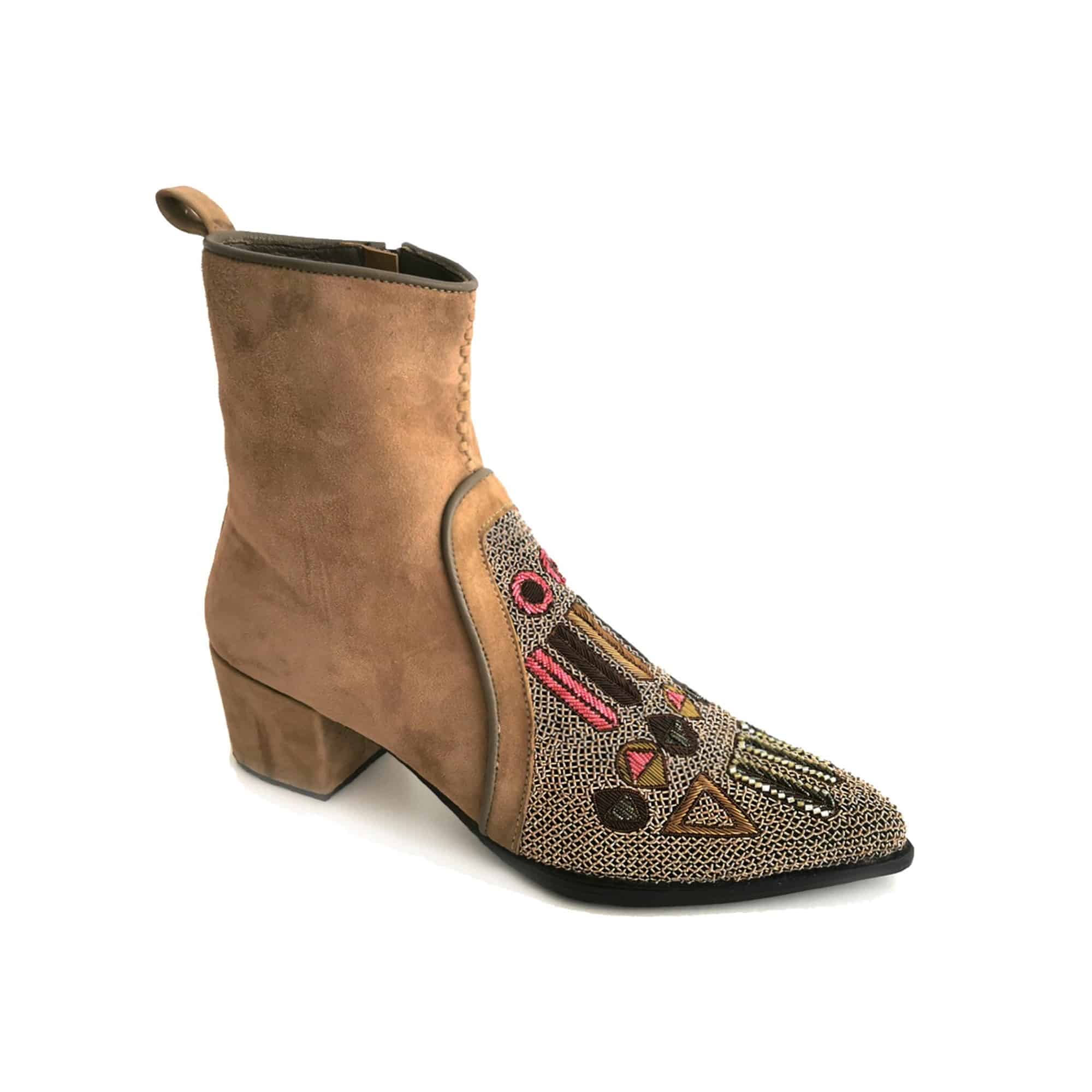Bauhaus-inspired suede boot in spice tone with dabka and gajai embroidery