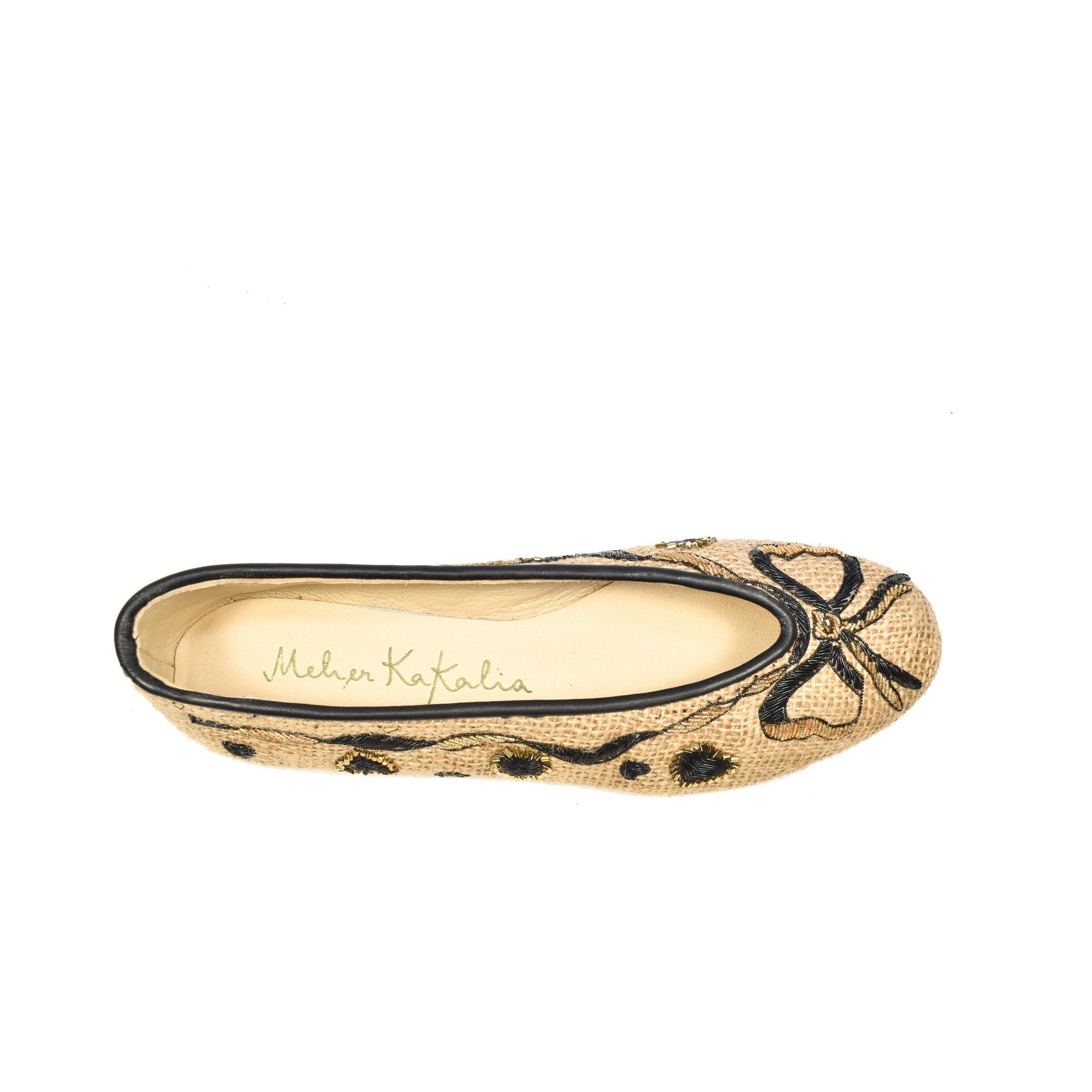 Handmade Darcey Ballet flats by Meher Kakalia, crafted with eco-friendly jute and decorated with dapka embroidery.