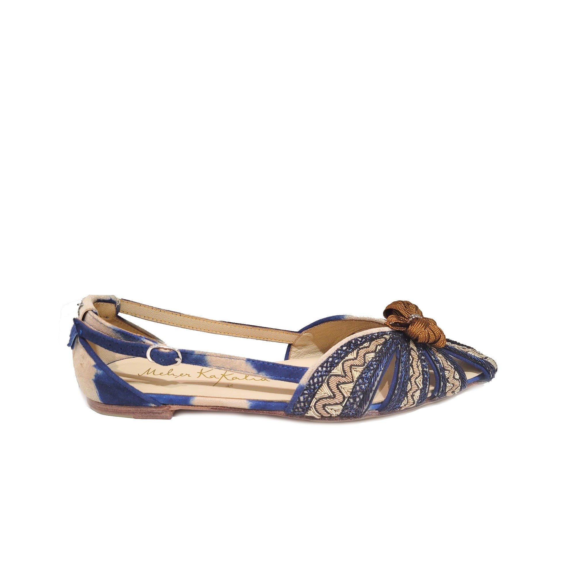 Beige and navy hand-embroidered slingback flat, ideal for weddings, summer events, or any elegant occasion.