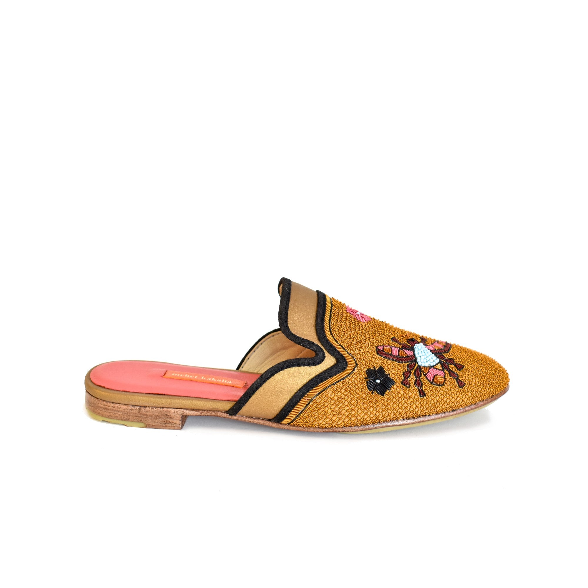 Eco-friendly flat slippers, hand embroidered with bees and flowers, great for summer parties or casual occasions.