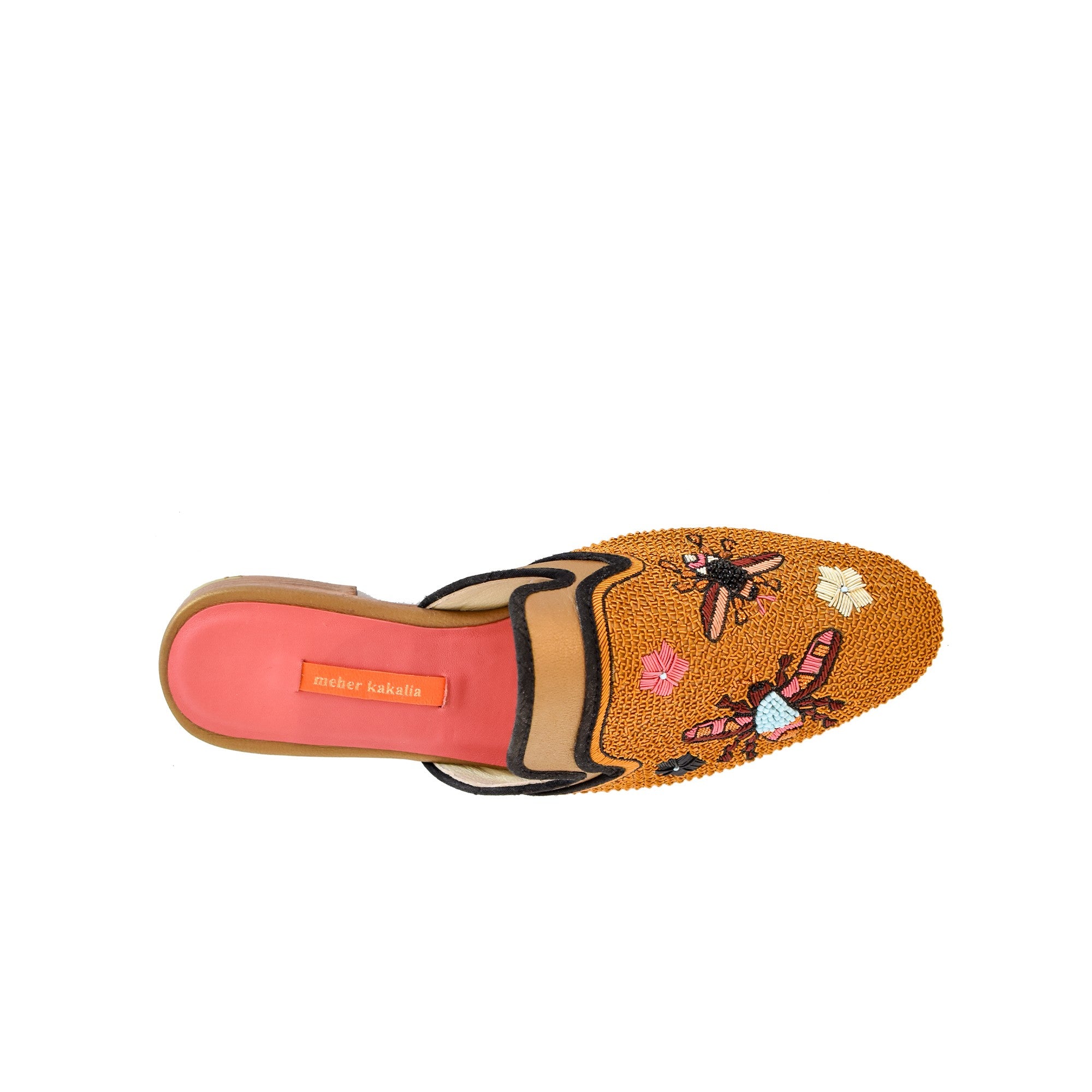 Elegant handmade mules in eco leather with floral embroidery, perfect for summer and weddings.