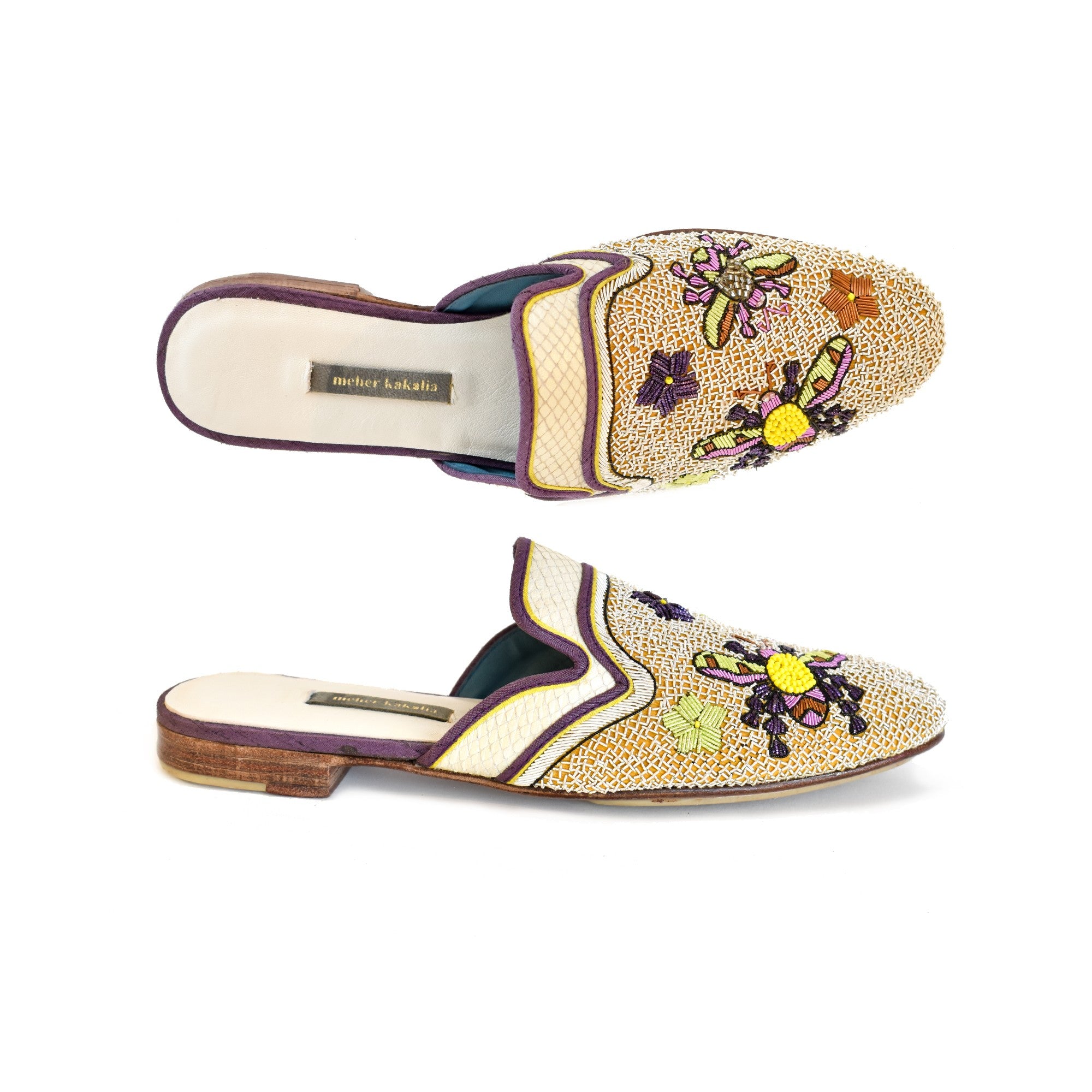 Meher Kakalia eco-friendly Potnia Slipper, luxurious hand embroidery with floral motifs. Comfortable and stylish mule.