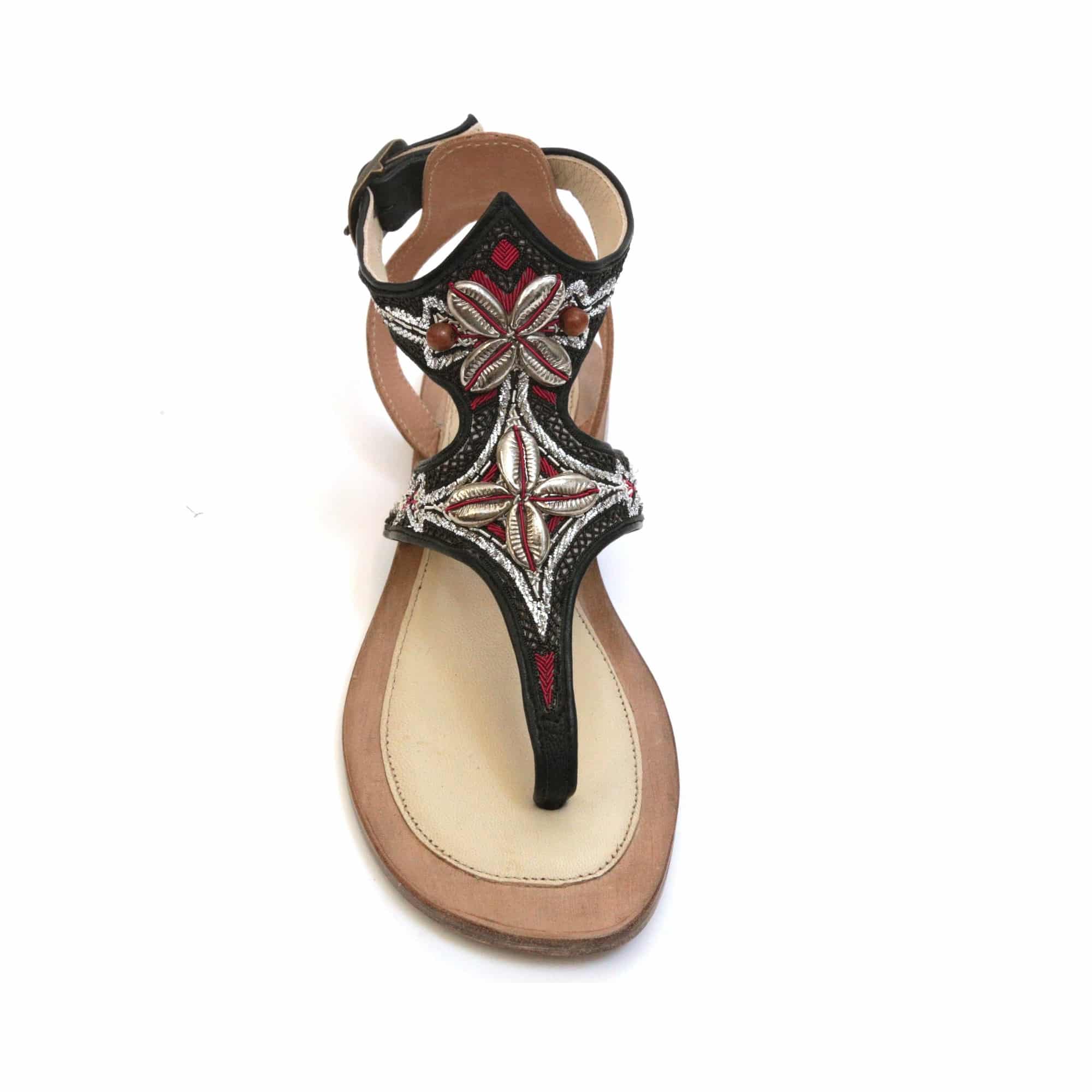 Top-down view of Queen Sofia Sandal, showcasing fine metallic thread embroidery and soft leather insole for comfort.