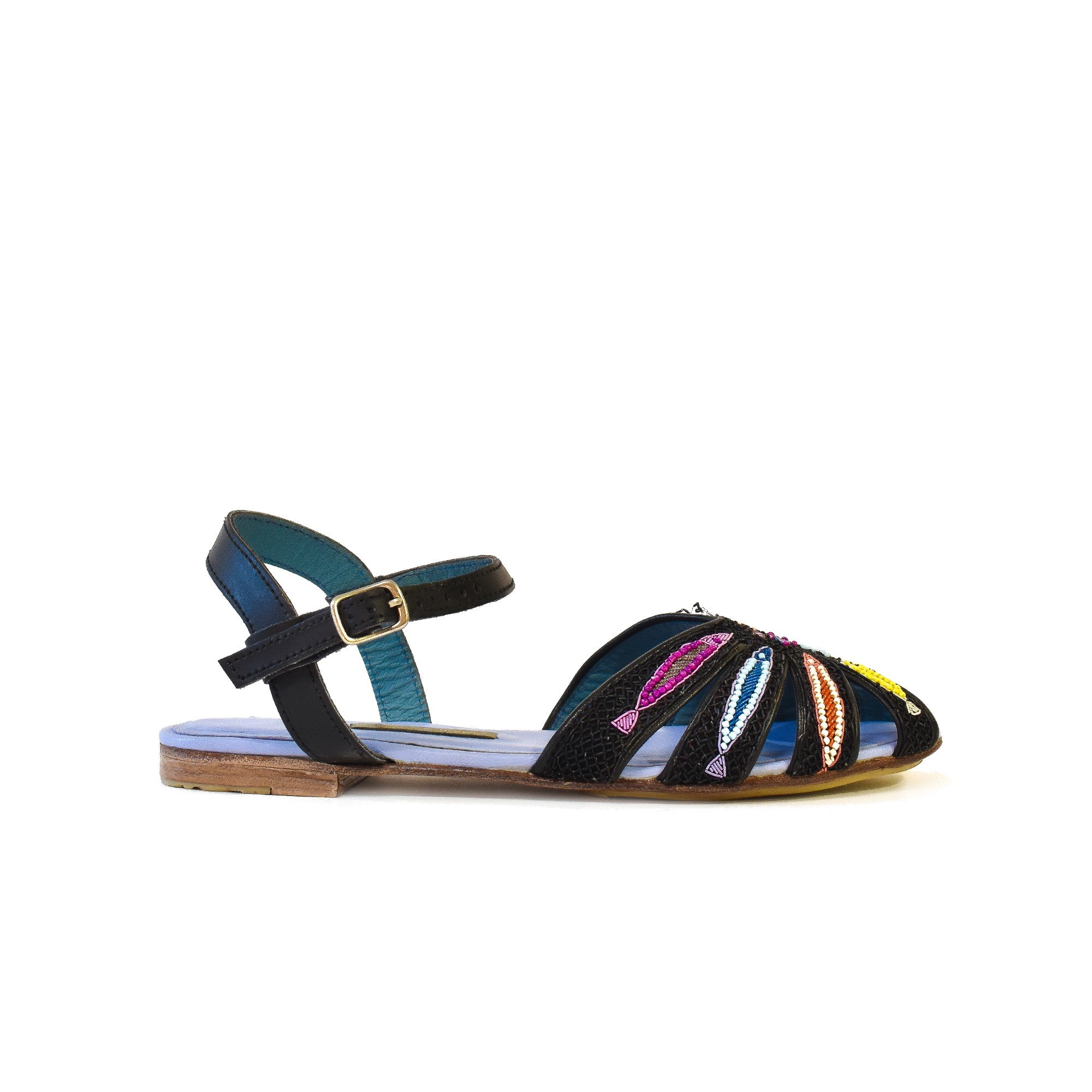 Meher Kakalia black embroidered leather sandals with multicolour beadwork
