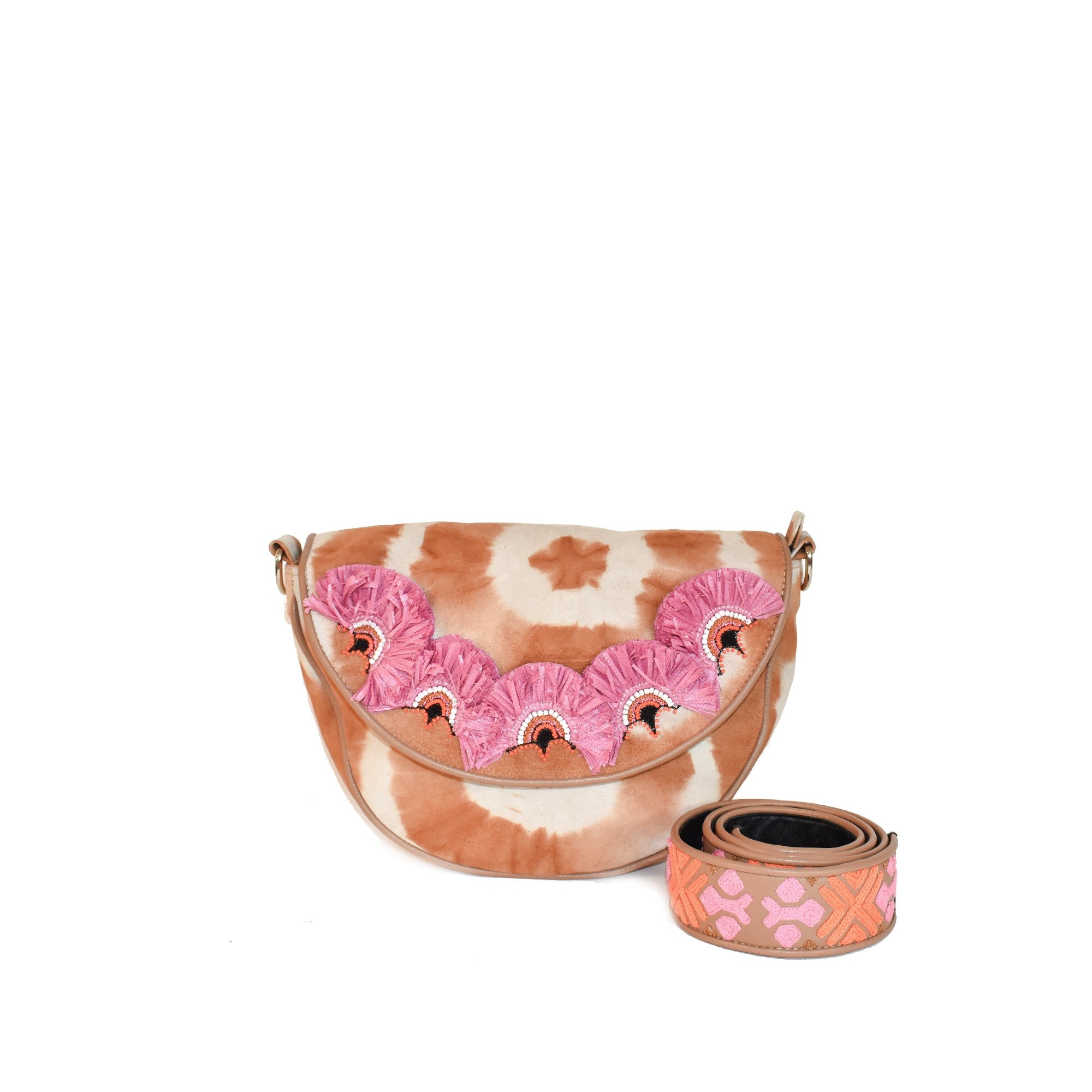 Hand-embroidered RIO Bell Bag with Eco Raffia and beads, featuring tie dye suede leather. Ideal for summer events and festivals.