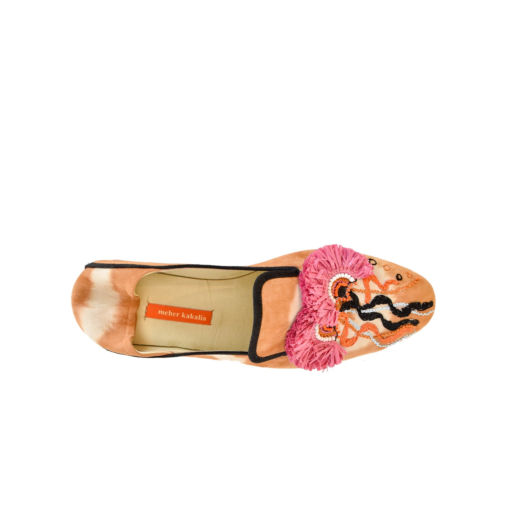 Handcrafted RIO moccasins with unique tie-dye leather and eco-friendly Raffia embroidery. Comfortable and chic.
