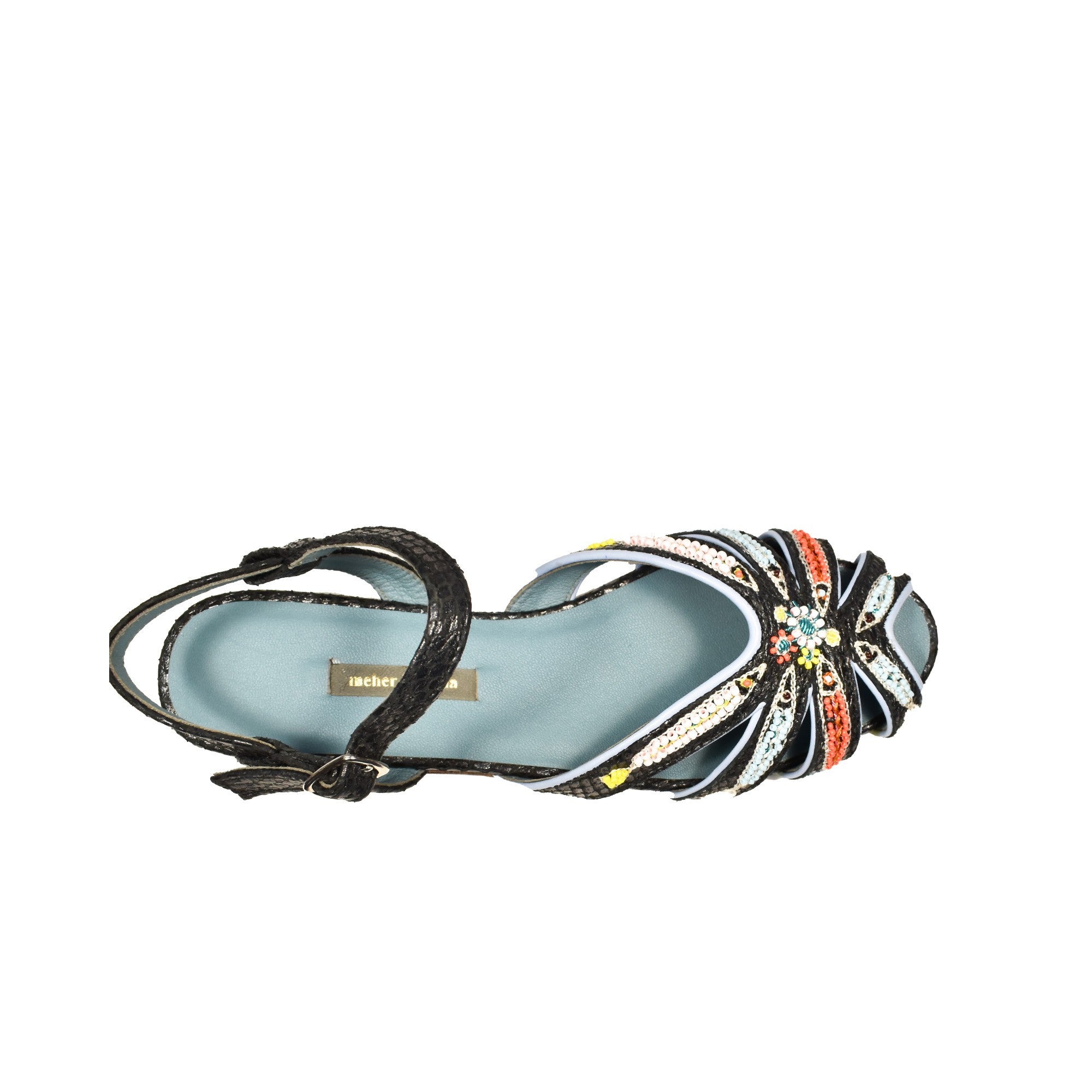 Handmade TAVIRA SANDAL magma black with fish embroidery and snake-effect leather – perfect for a summer resort look.