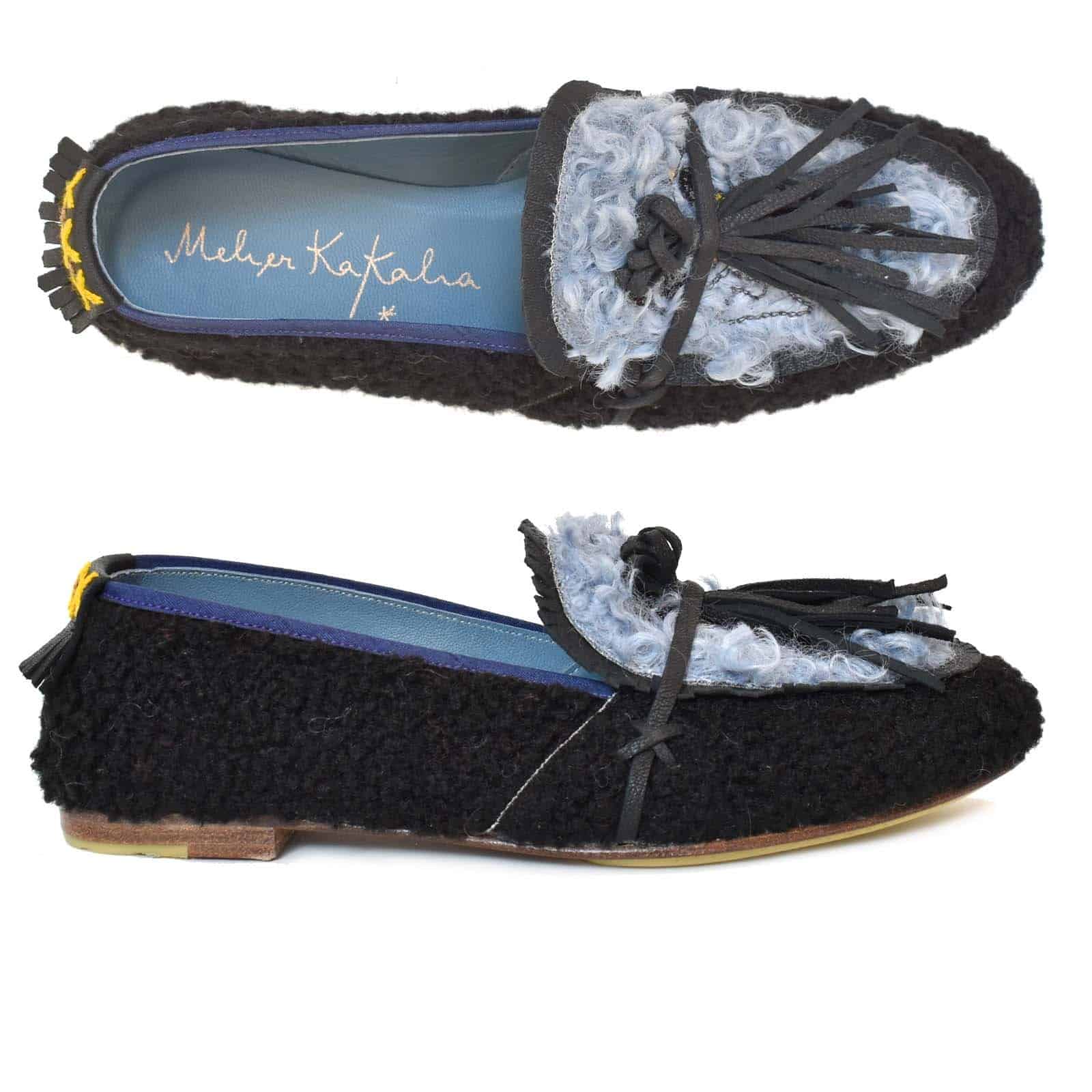 Meher Kakalia - TOTEM MOCCASIN - faux shearling black+sky blue