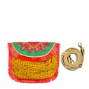 Meher KakaliaMINI ACCORDION BAG+FRINGE - suede turquoise+crochet mustard-flamigo shell