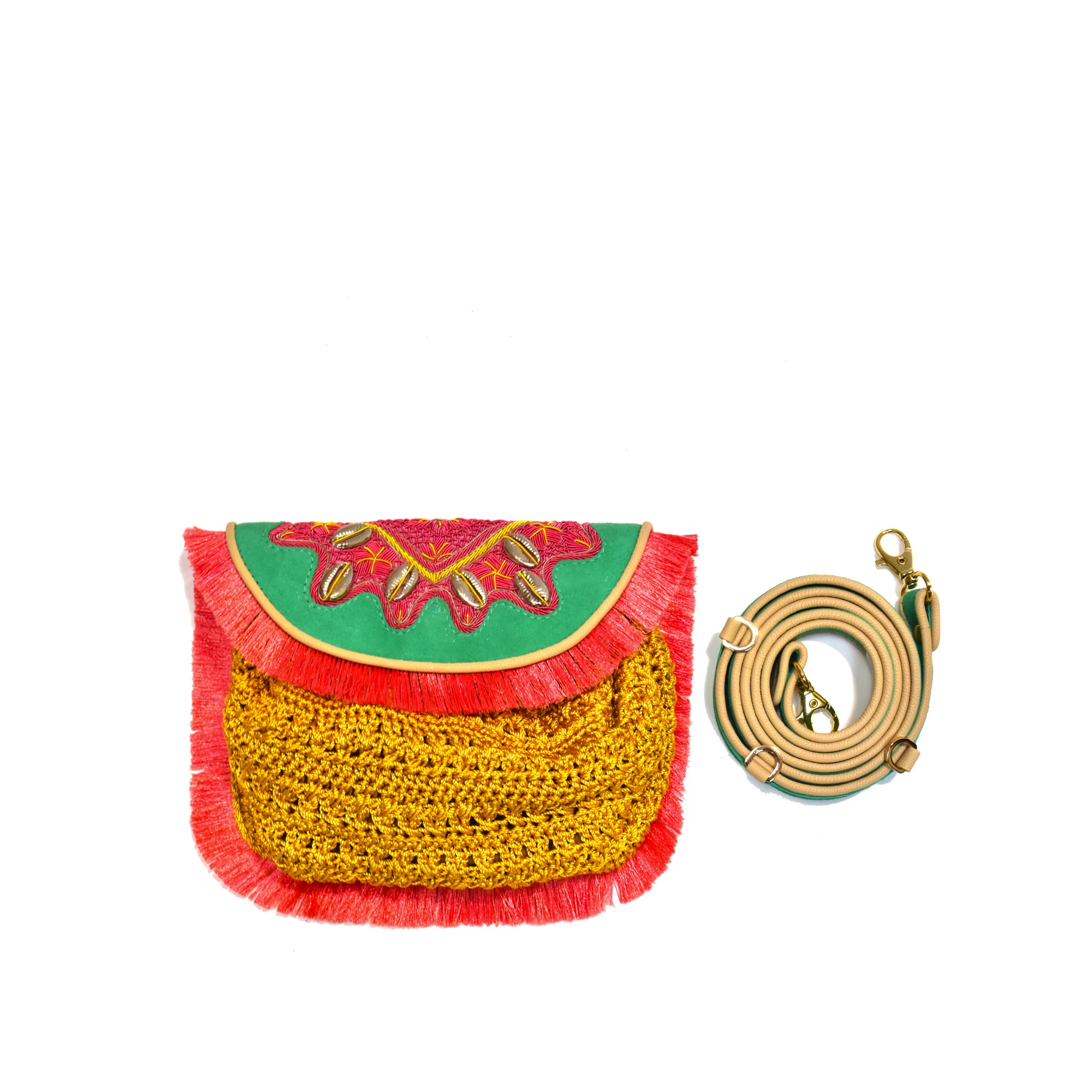 Meher Kakalia MINI ACCORDION BAG+FRINGE - suede turquoise+crochet mustard-flamigo shell