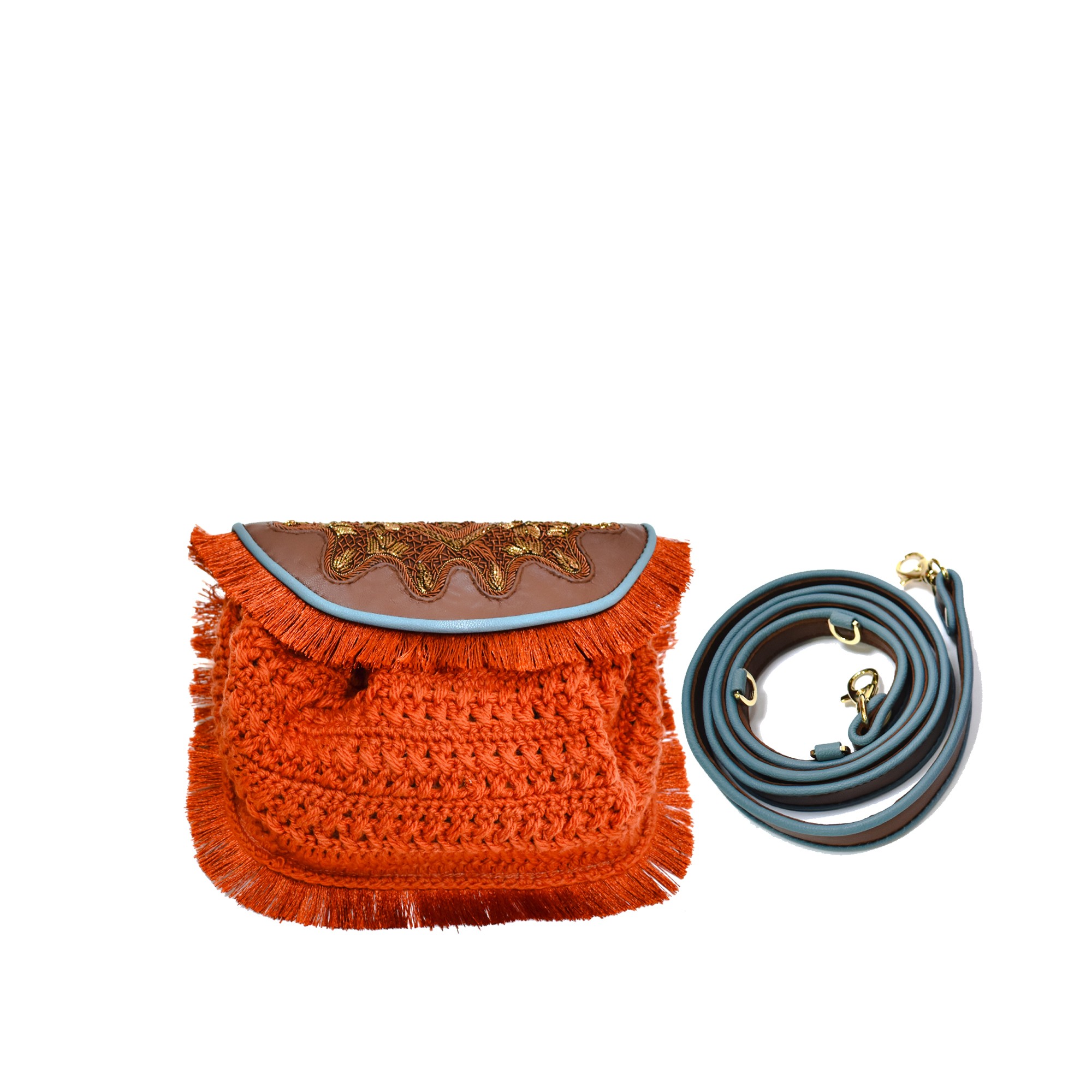 Meher Kakalia MINI ACCORDION BAG+FRINGE - crochet rust+saddle/jewel