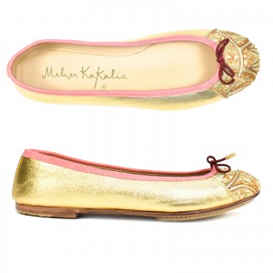 Handmade embroidered BIZI Ballet flats in gold nappa leather, eco-friendly, perfect for weddings or special occasions.