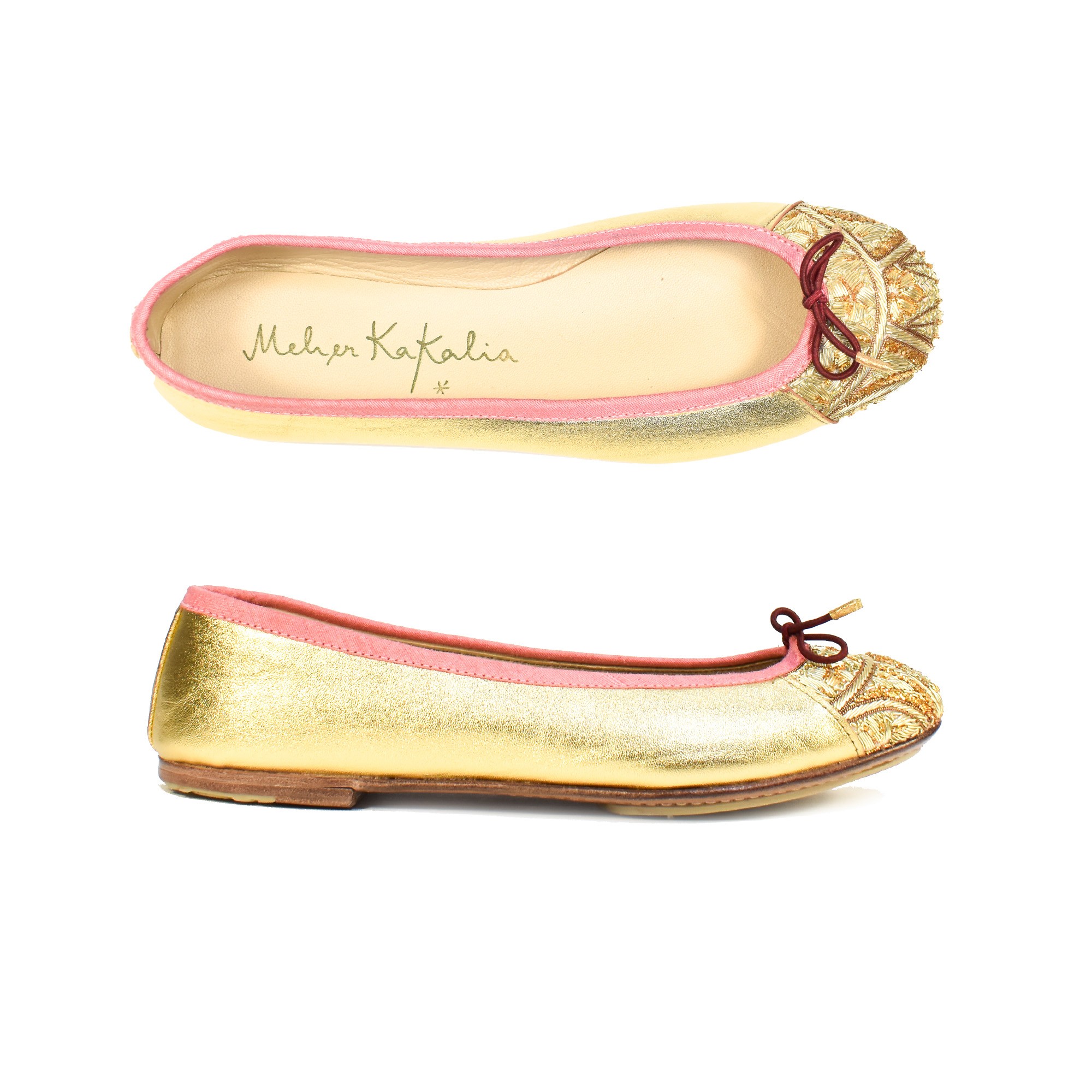 Meher Kakalia Handmade embroidered BIZI Ballet flats in gold nappa leather, eco-friendly, perfect for weddings or special occasions.