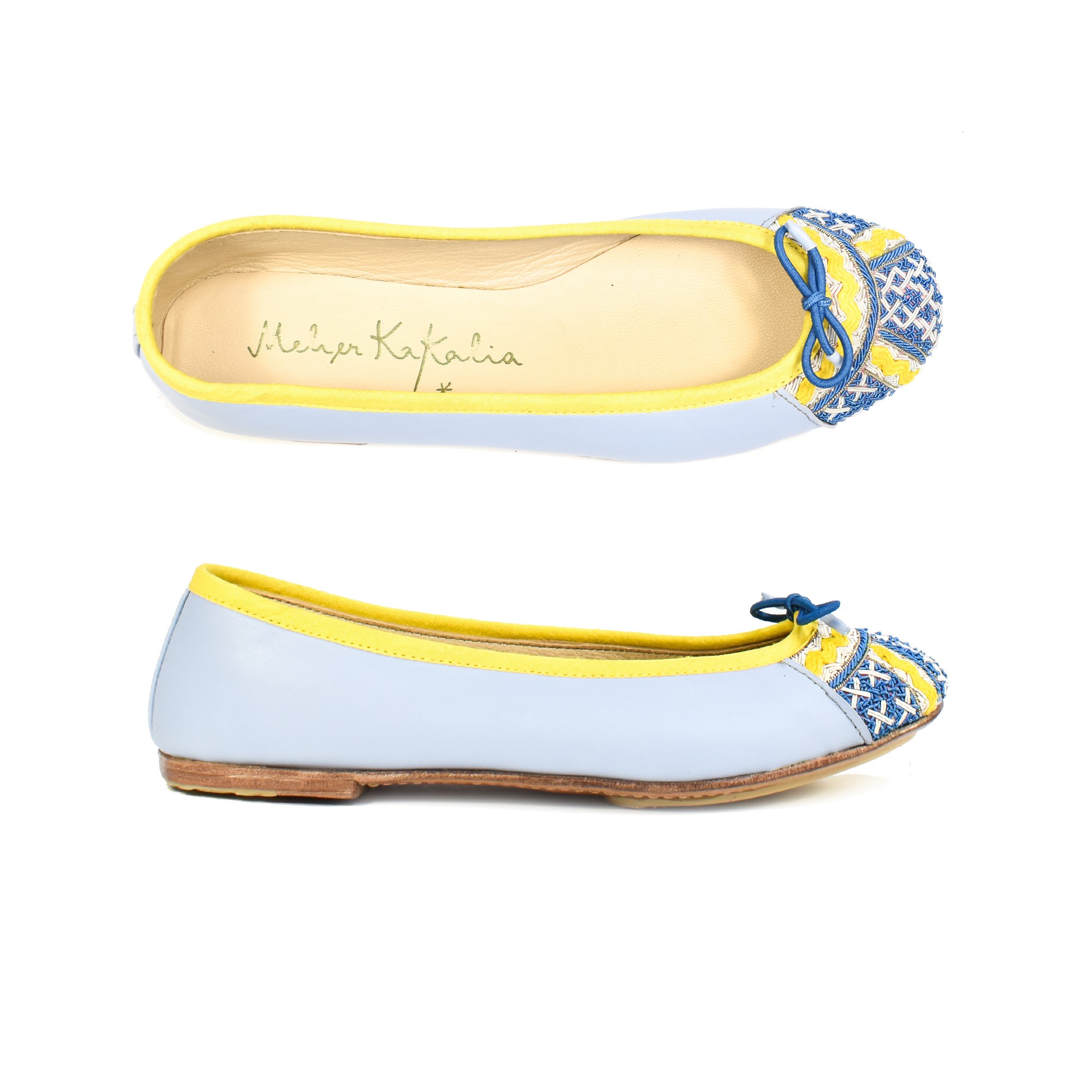 Meher Kakalia Handmade leather ballet flats with signature embroidery, eco-friendly and luxurious for sustainable fashion lovers.