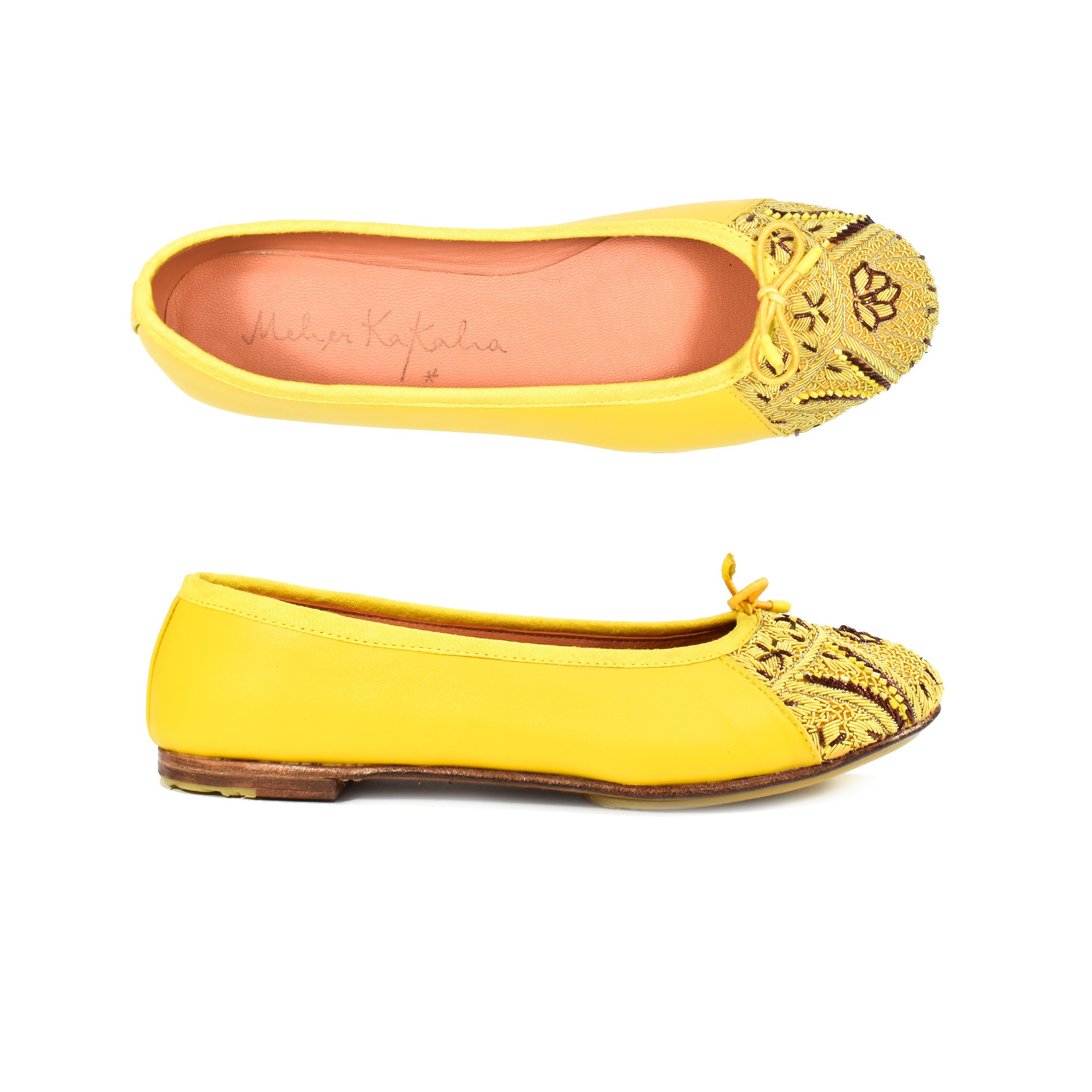 Meher Kakalia Handmade PRIMA Ballet flats in yellow nappa leather, embroidered with fine metal coils for unique design.