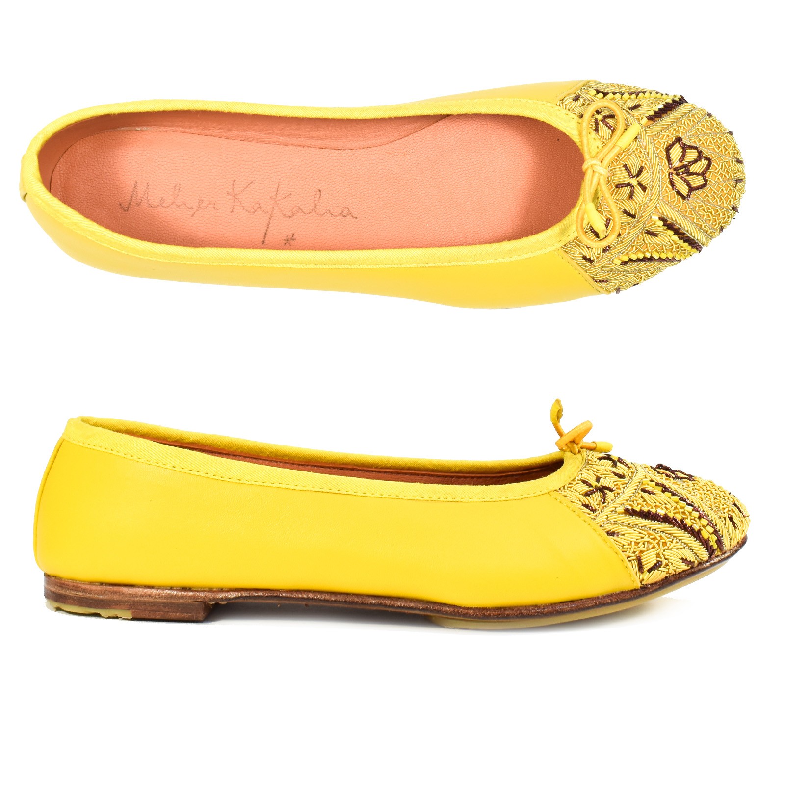 Handmade PRIMA Ballet flats in yellow nappa leather, embroidered with fine metal coils for unique design.