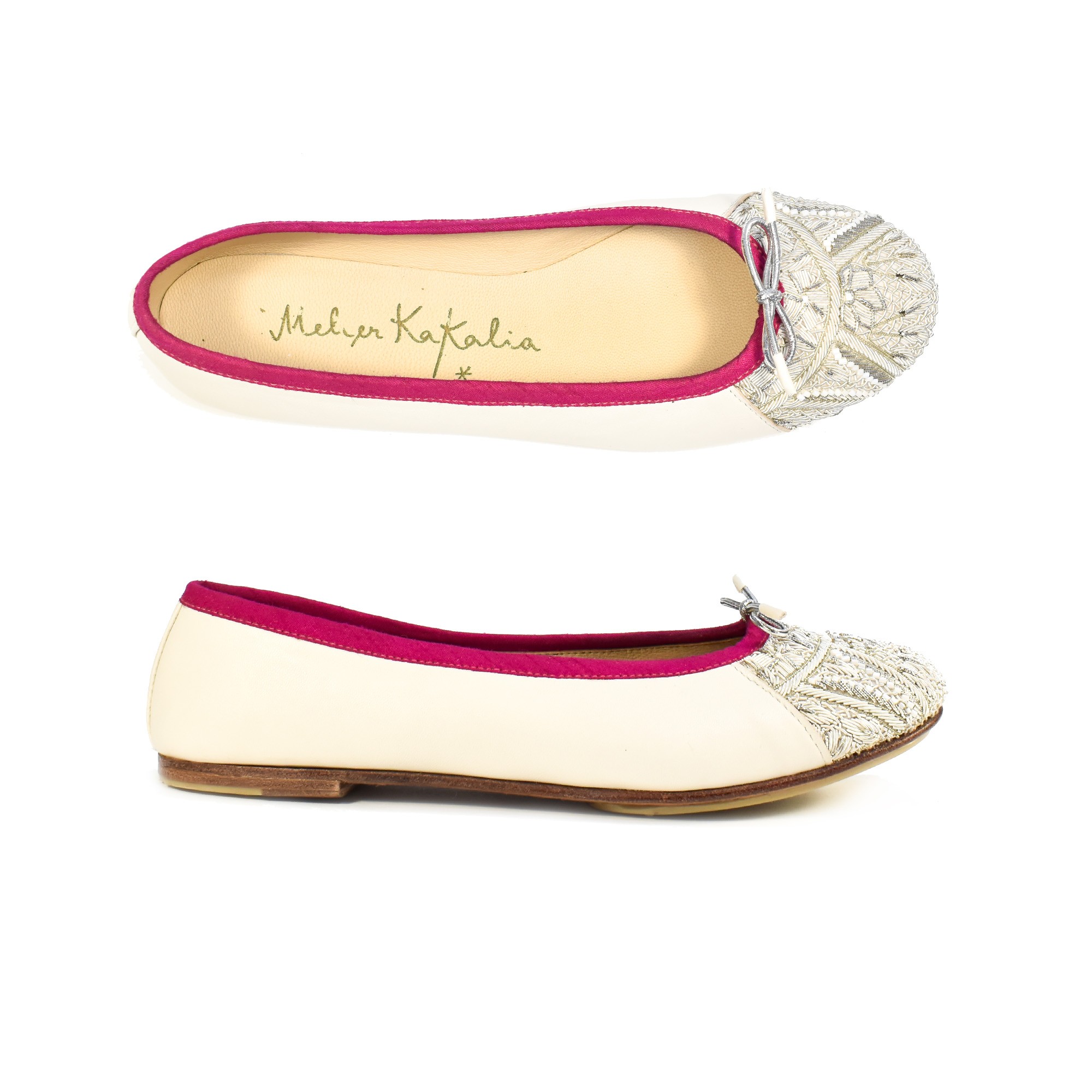 Meher Kakalia Handmade PRIMA Ballet flats in soft nappa leather with embroidery, perfect for a wedding or summer event.