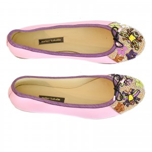 Queen Potnia Ballet in pink, hand-embroidered bees and flowers. Eco-friendly and sustainable ballet flat.