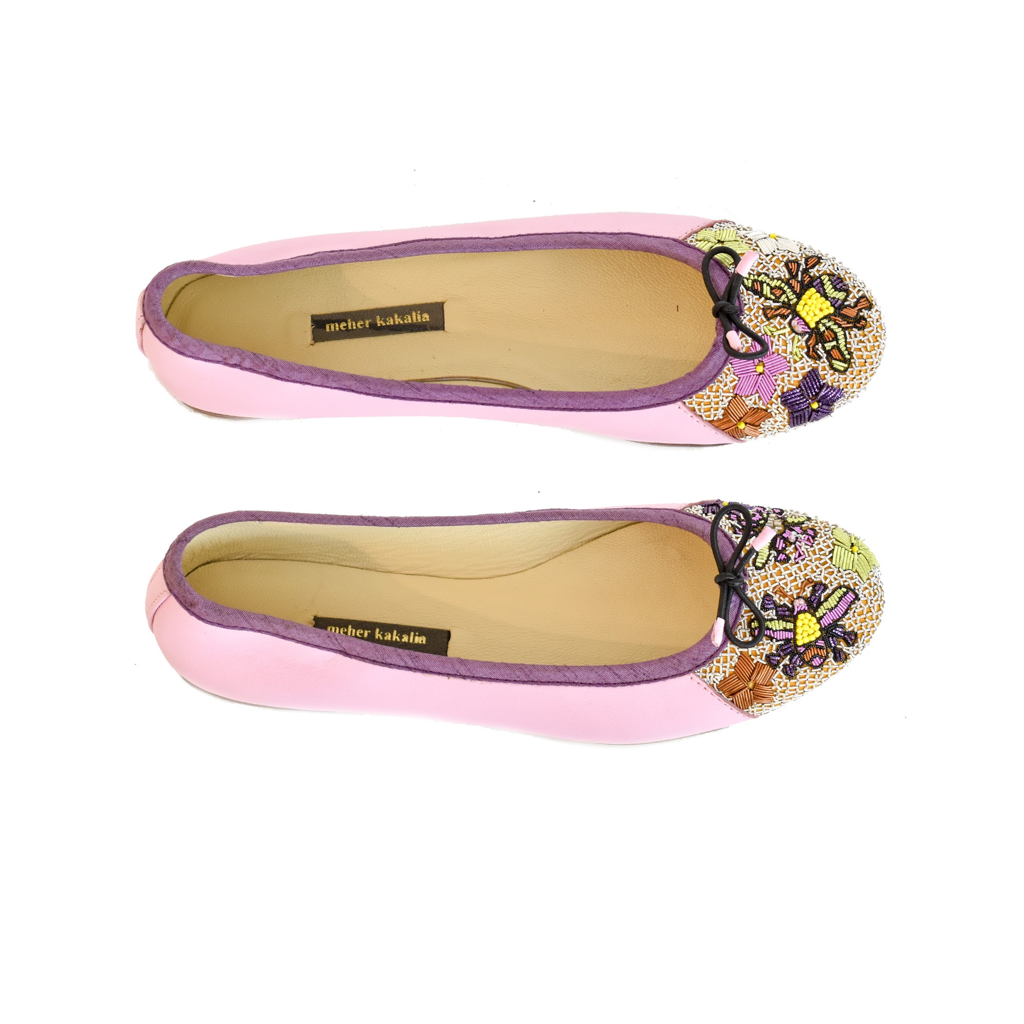 Meher Kakalia Queen Potnia Ballet in pink, hand-embroidered bees and flowers. Eco-friendly and sustainable ballet flat.