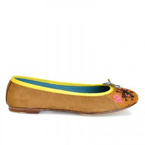 Queen Potnia Ballet – Suede Spice-Roof Afza | Handmade Ballet Flats with Floral Embroidery