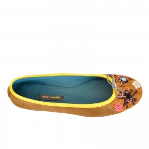 Comfortable and eco-friendly Queen Potnia Ballet flats in beige suede, featuring hand-embroidered bees and flowers.