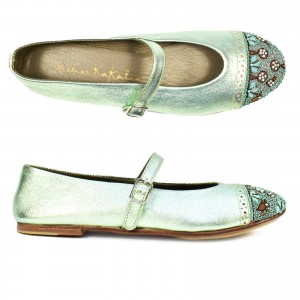 Handmade mint green Mary Jane ballet flats with embroidered details. Eco-friendly and stylish for special occasions.