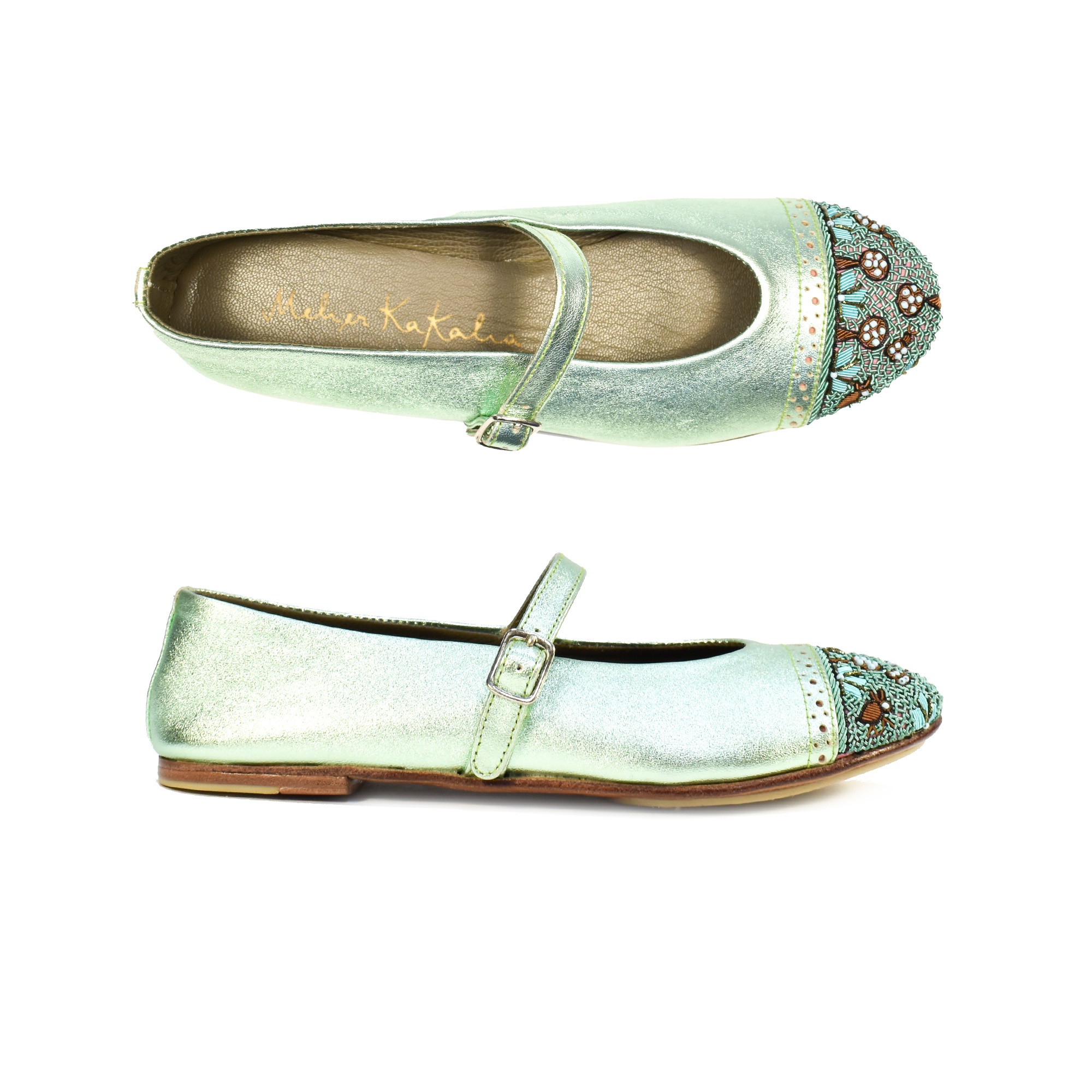 Meher Kakalia Handmade mint green Mary Jane ballet flats with embroidered details. Eco-friendly and stylish for special occasions.