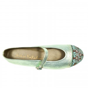 Elegant metallic green ballet flats with hand-embroidered floral design. Sustainable and perfect for special occasions.