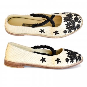 Julietta flat by Meher Kakalia, handmade in snake-print leather with monochrome embroidery. Sustainable & stylish flats.