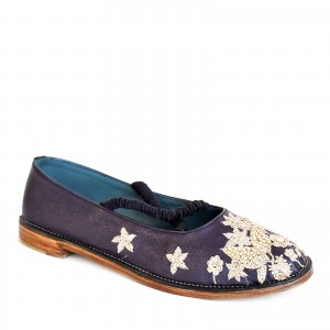 Elegant navy JULIETTA FLAT , hand-embroidered with eco-friendly leather and unique designs.