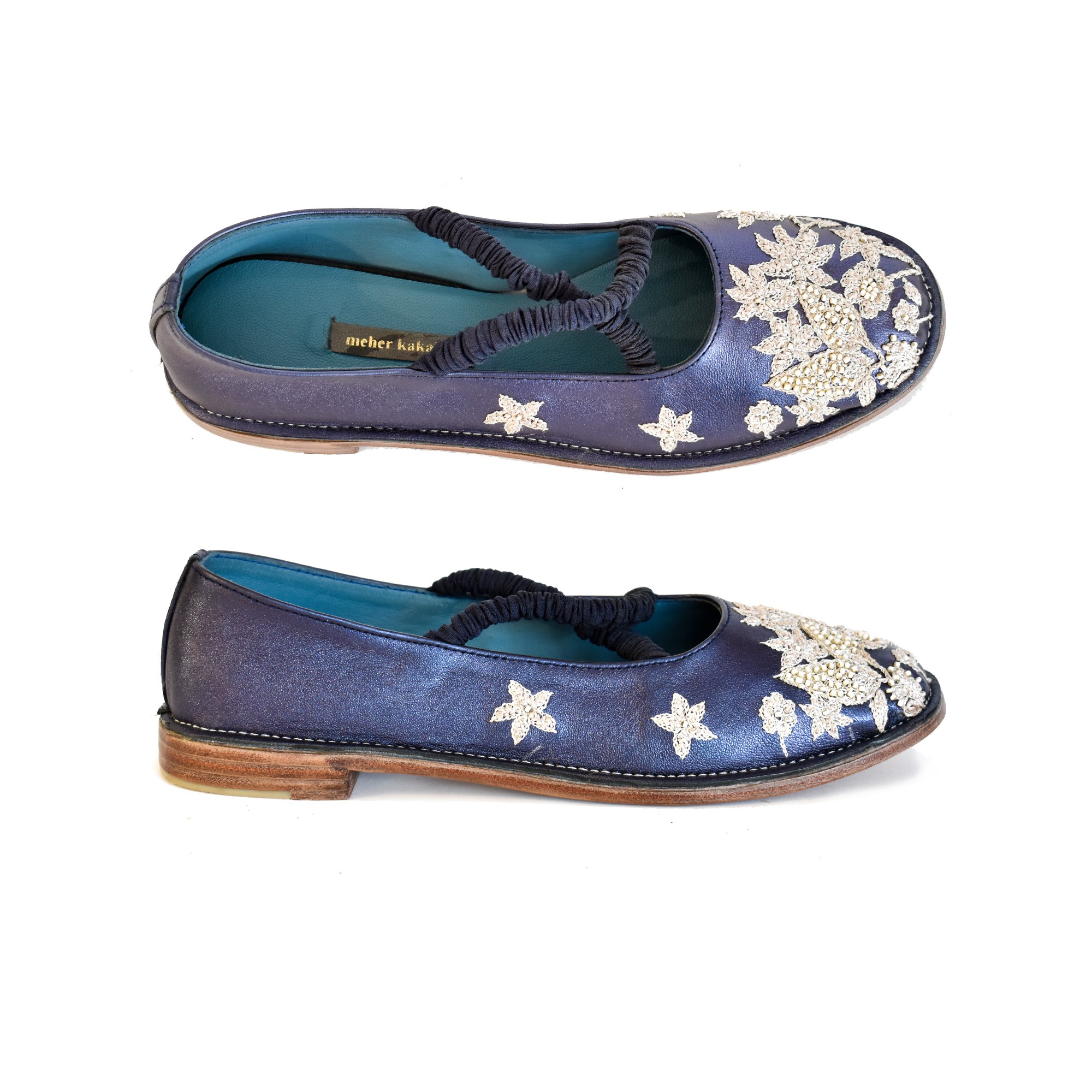 Meher Kakalia JULIETTA FLAT Sonic Sapphire by Meher Kakalia, handmade with shiny leather and floral-inspired embroidery.