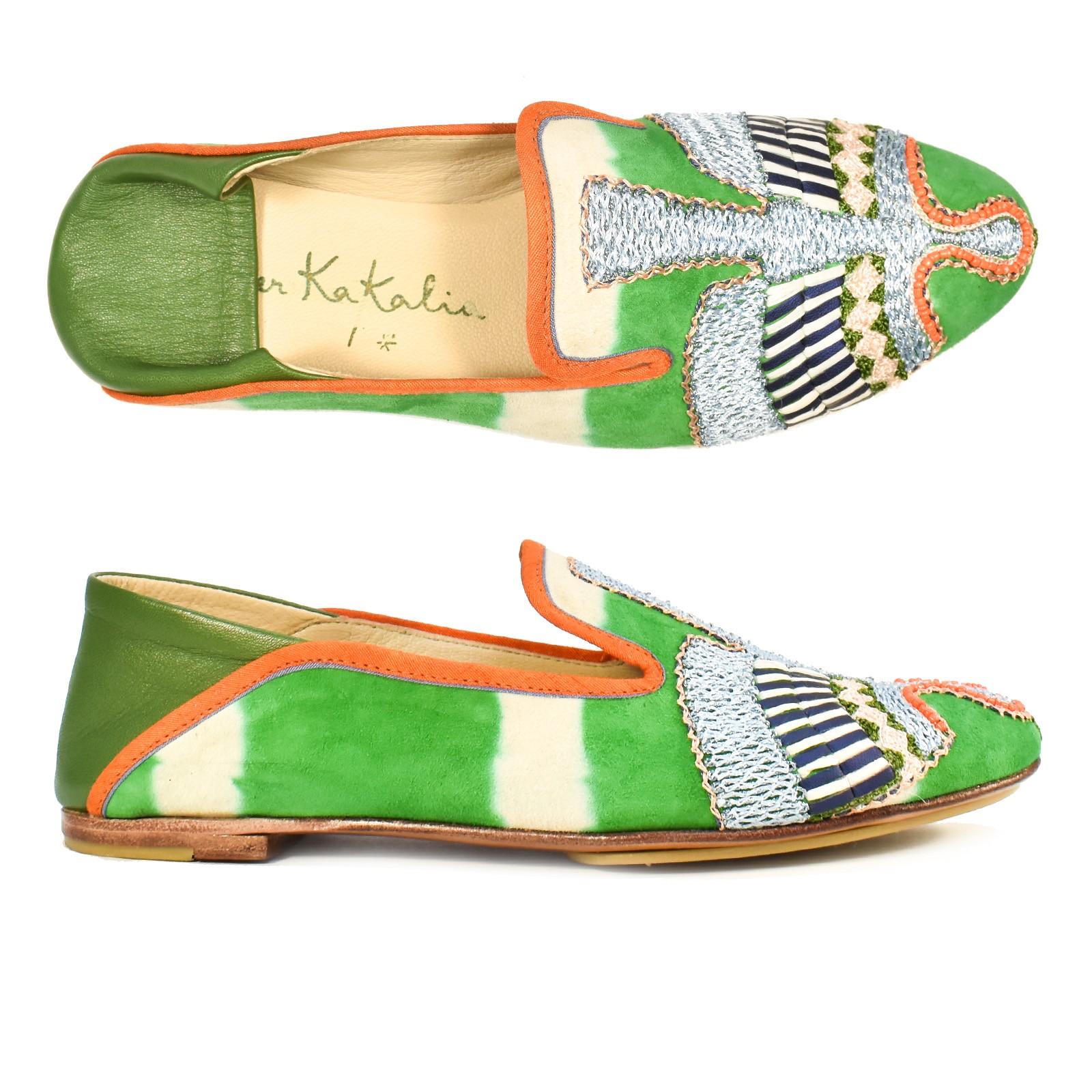 Luxurious eco-friendly moccasins in green tie-dye suede, handmade with unique embroidery. Perfect for summer and holiday wear.