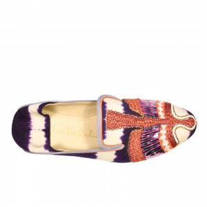 Eco-friendly luxury moccasins, hand-embroidered in tie-dye purple suede. Perfect for summer wear and comfortable home fashion.