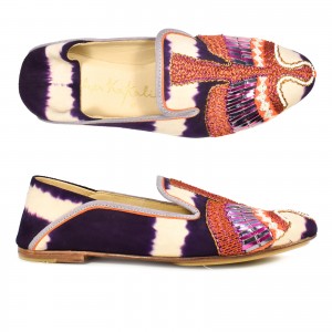 Sustainable Moccasins in purple tie-dye suede with luxurious silk and sparkling thread embroidery. Eco-friendly footwear.