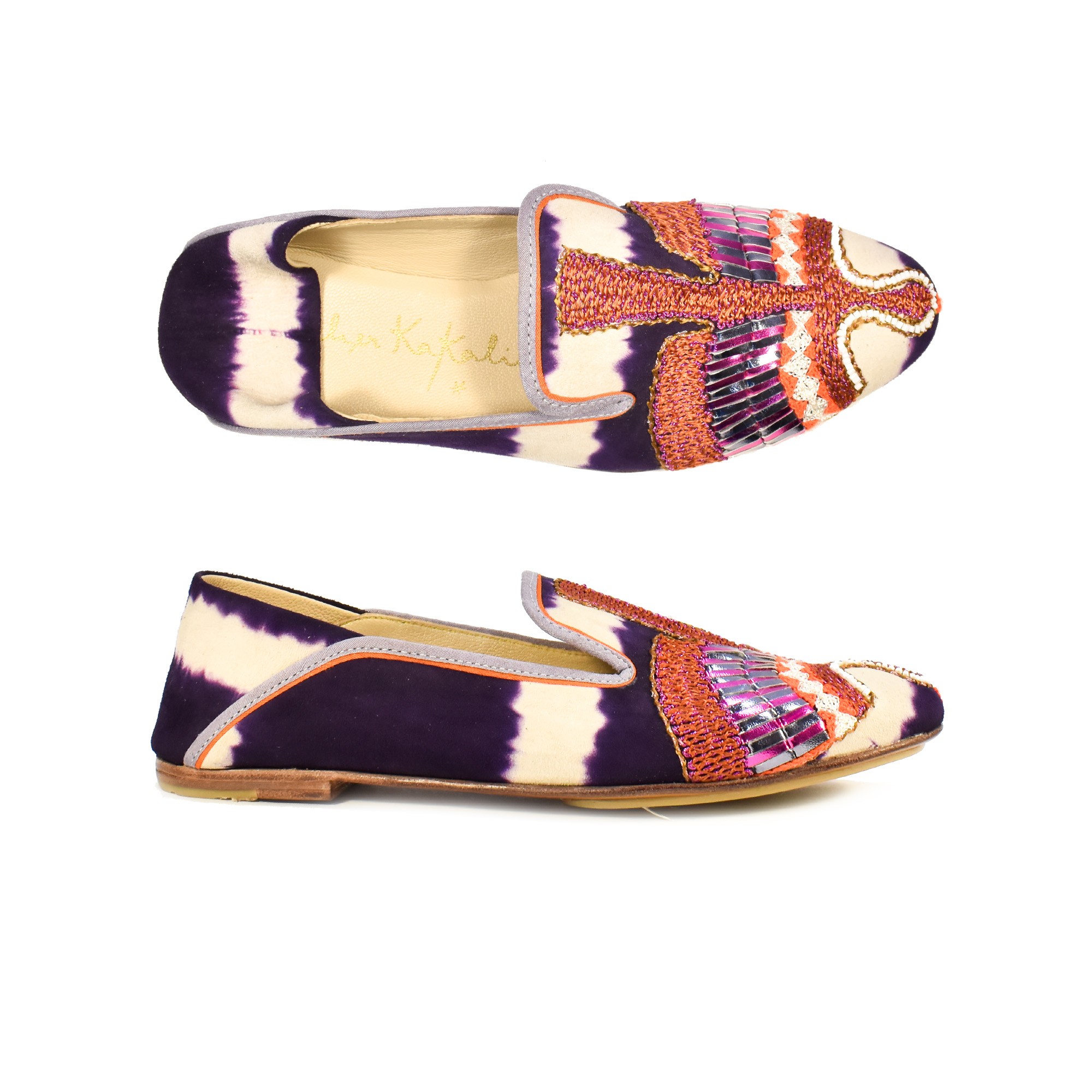 Meher Kakalia Sustainable Moccasins in purple tie-dye suede with luxurious silk and sparkling thread embroidery. Eco-friendly footwear.