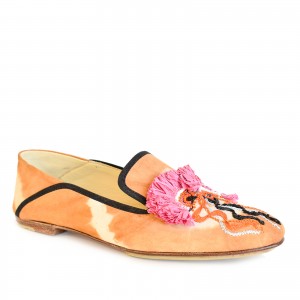 Luxury moccasins with tie-dye suede and hand-embroidered Raffia. Unique design, perfect for spring and summer.