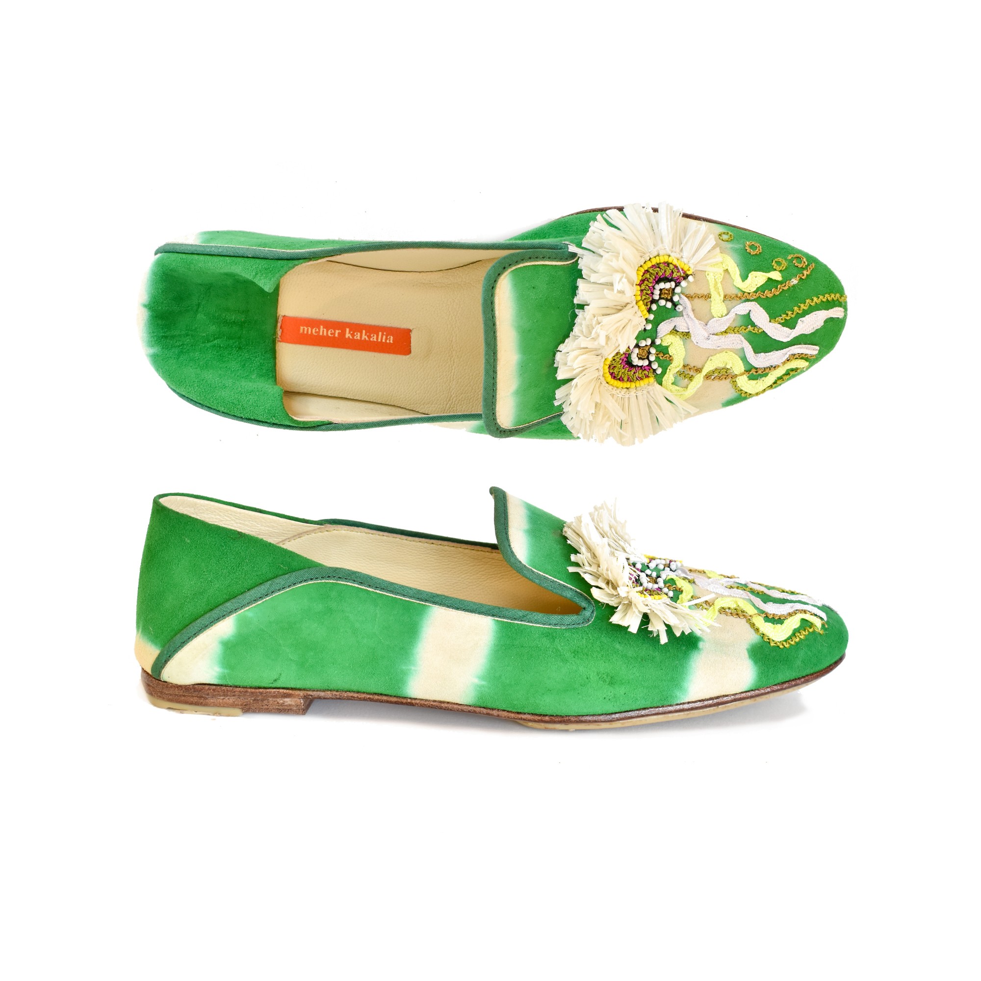 Meher Kakalia Meher Kakalia RIO Moccasin in Kelly Green, handcrafted with eco-friendly Raffia and vibrant tie-dye leather.